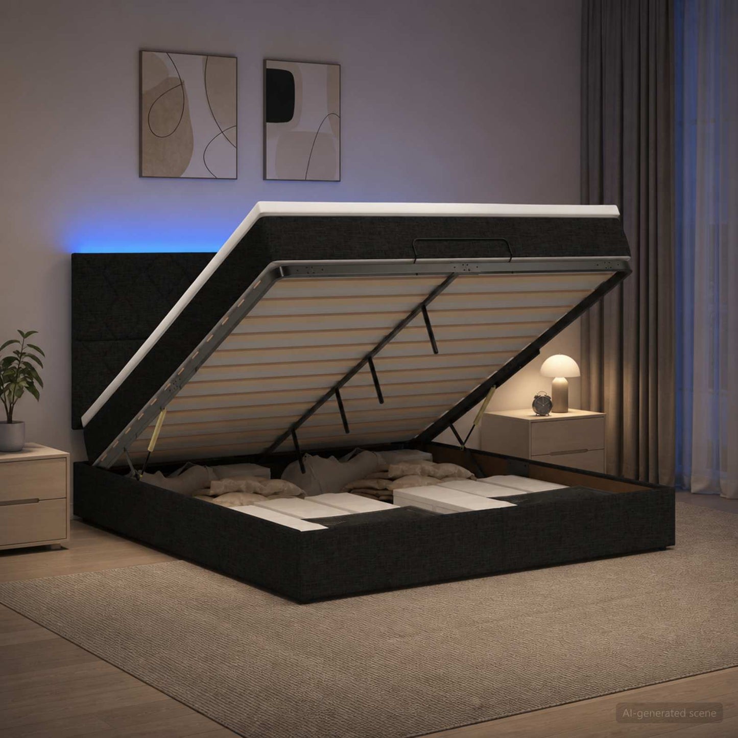 vidaXL Κρεβάτι Ottoman με Στρώμα και LED Μαύρο 160 x 200 cm Ύφασμα