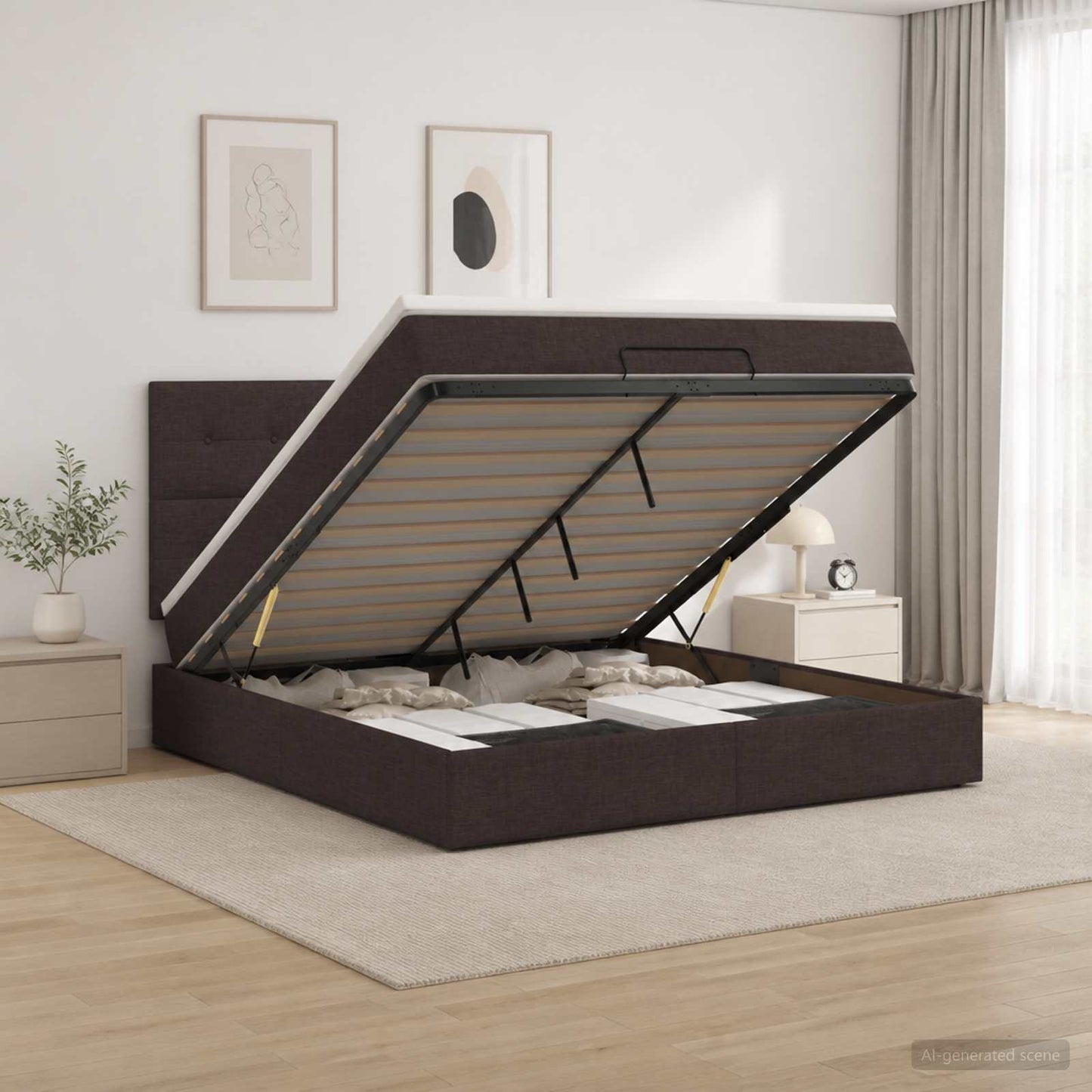 vidaXL Κρεβάτι Ottoman με Στρώμα και LED Σκούρο Καφέ 140 x 200 cm
