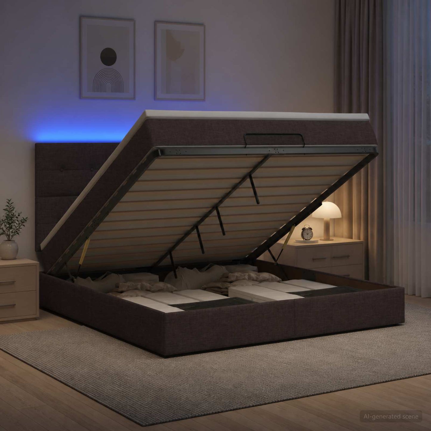 vidaXL Κρεβάτι Ottoman με Στρώμα και LED Σκούρο Καφέ 140 x 190 cm