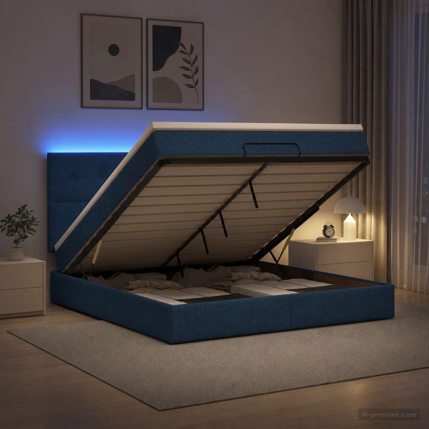 vidaXL Κρεβάτι Ottoman με Στρώμα και LED Μπλε 160 x 200 cm Ύφασμα
