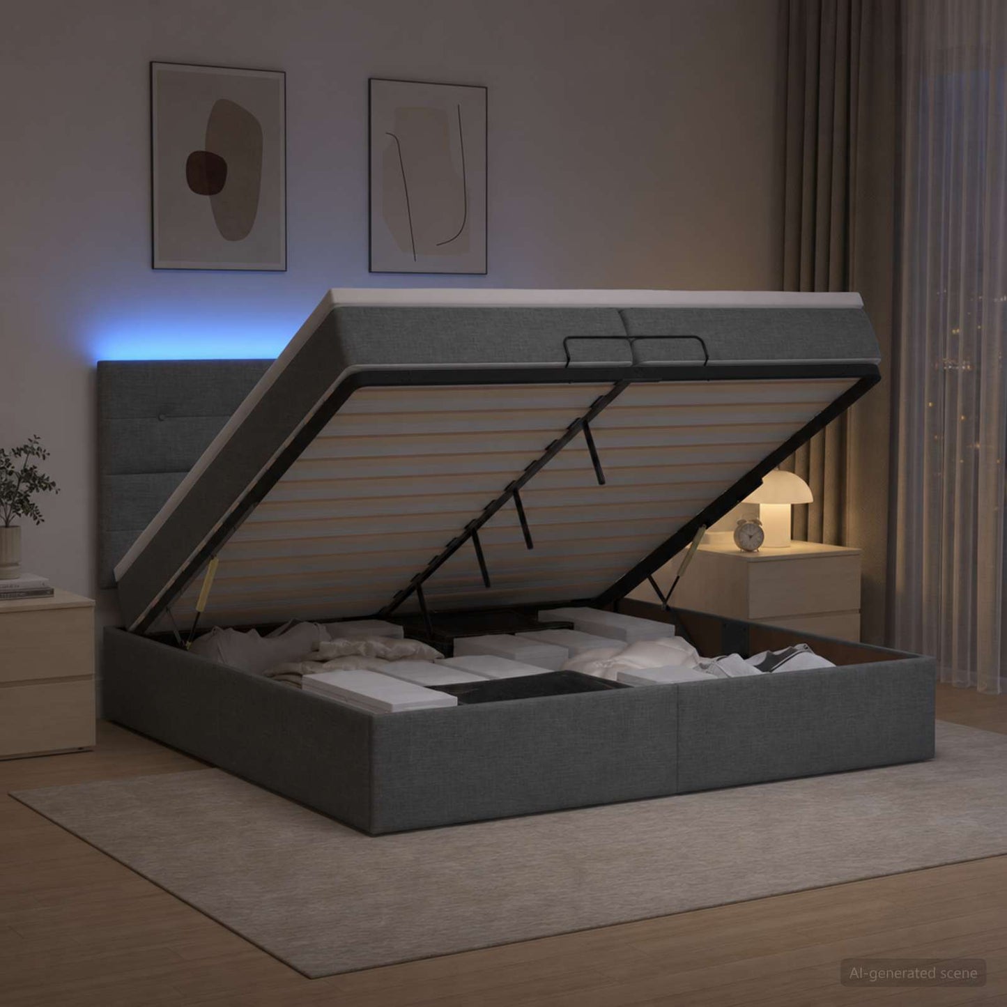 vidaXL Κρεβάτι Ottoman με Στρώμα και LED Σκούρο Γκρι 200 x 200 cm