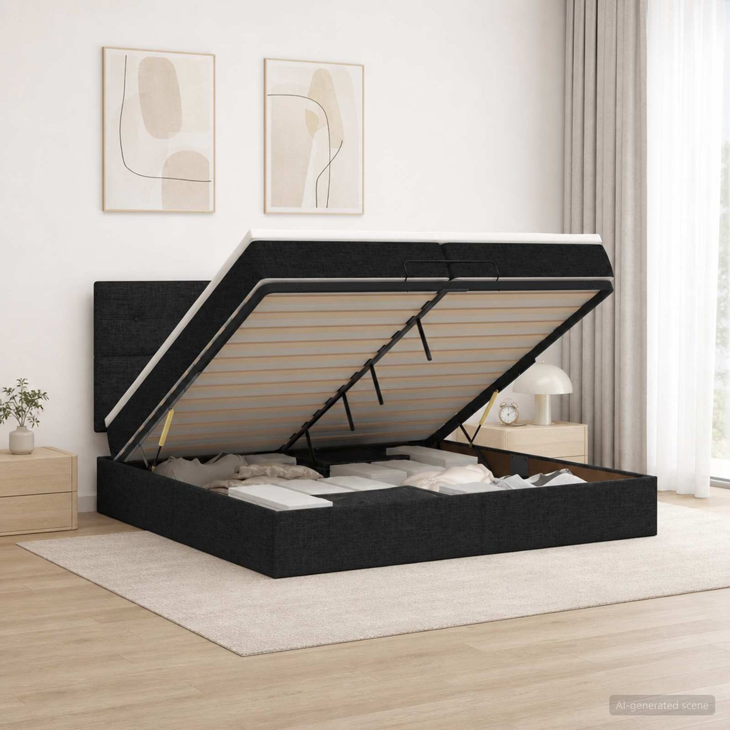vidaXL Κρεβάτι Ottoman με Στρώμα και LED Μαύρο 200 x 200 cm Ύφασμα