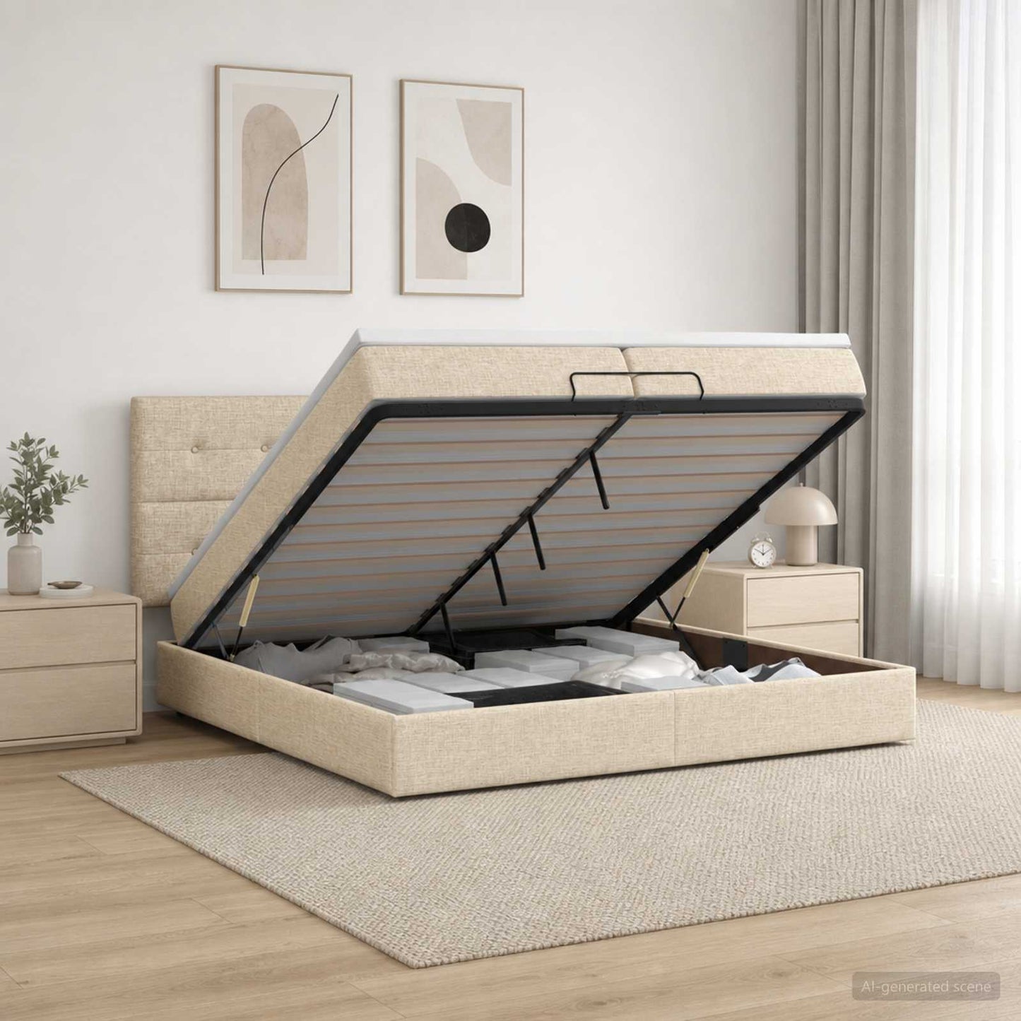 vidaXL Κρεβάτι Ottoman με στρώμα με κεφαλάρι Κρεμ 200 x 200 cm Ύφασμα