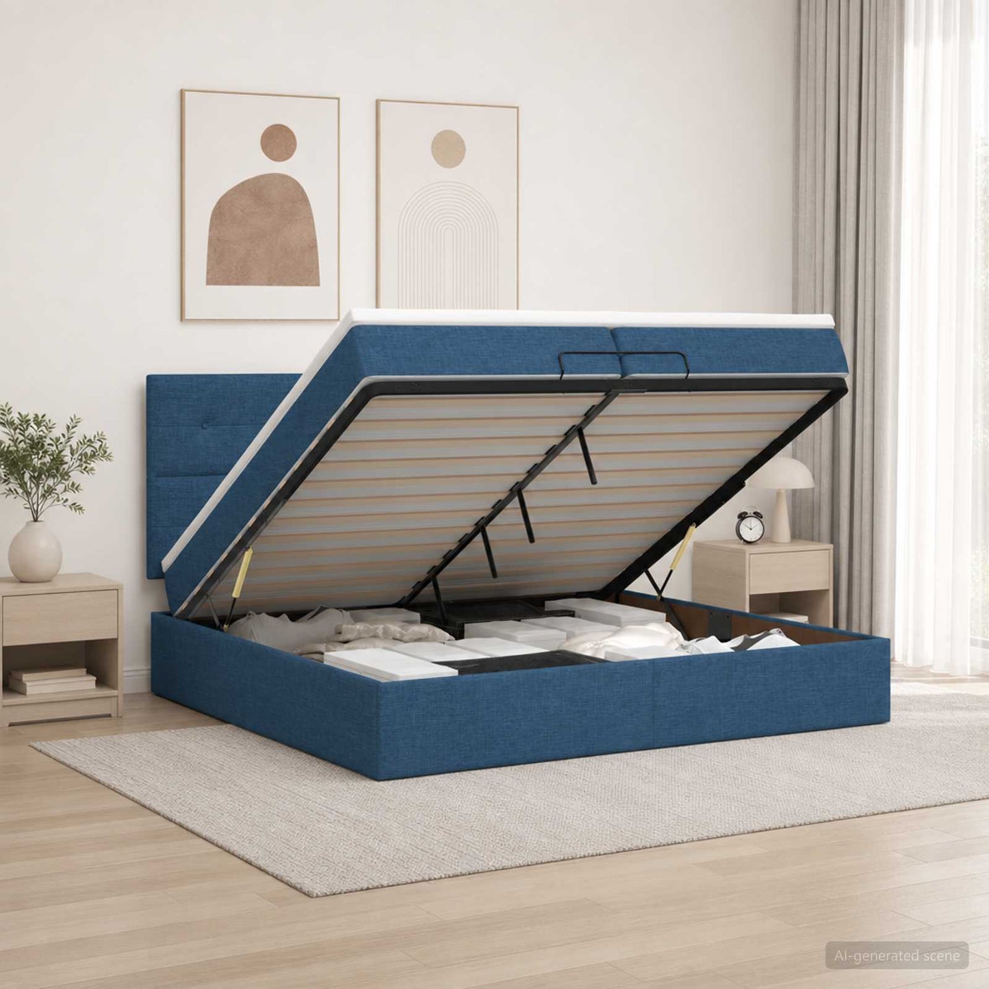 vidaXL Κρεβάτι Ottoman με Στρώμα και LED Μπλε 200 x 200 cm Ύφασμα
