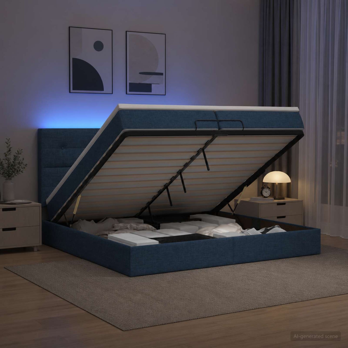 vidaXL Κρεβάτι Ottoman με Στρώμα και LED Μπλε 200 x 200 cm Ύφασμα