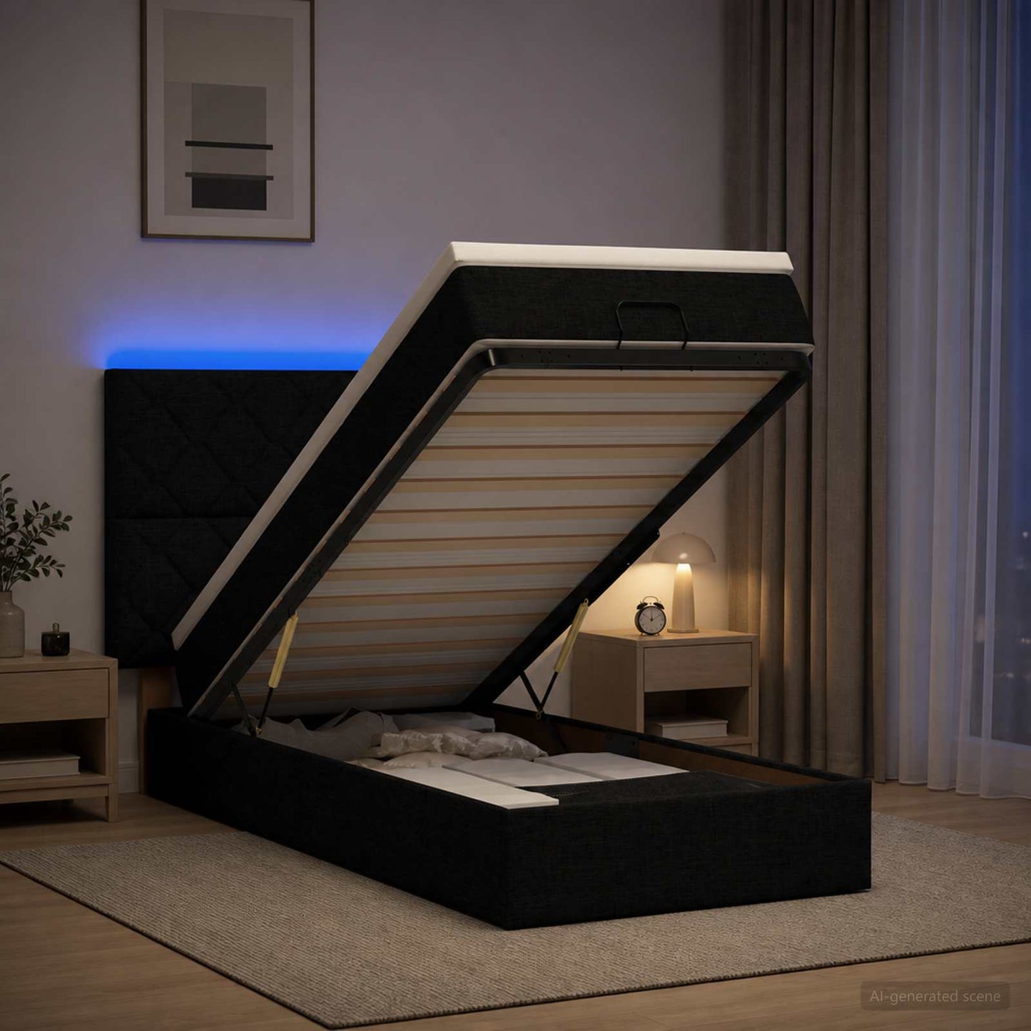 vidaXL Κρεβάτι Ottoman με Στρώμα και LED Μαύρο 80 x 200 cm Ύφασμα