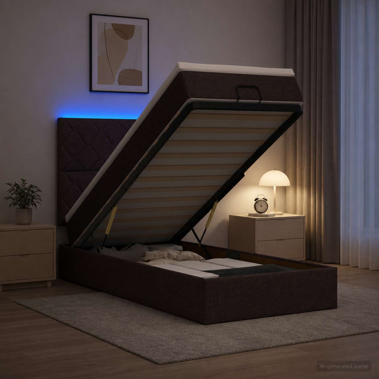 vidaXL Κρεβάτι Ottoman με Στρώμα και LED Σκούρο Καφέ 90 x 190 cm