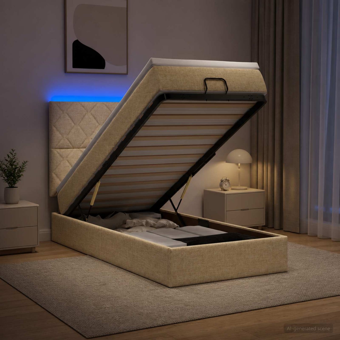 vidaXL Κρεβάτι Ottoman με Στρώμα και LED Κρεμ 90 x 200 cm Ύφασμα