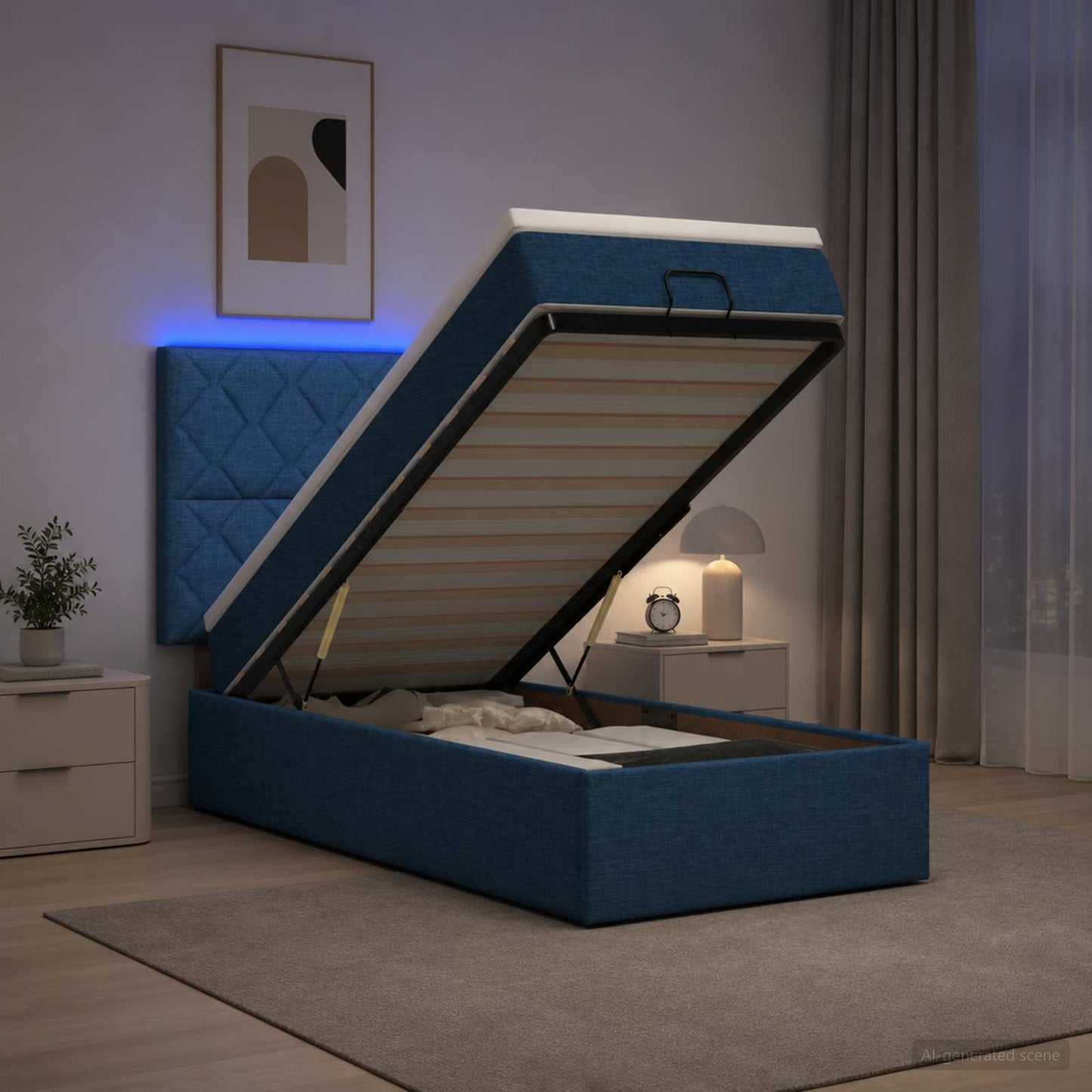 vidaXL Κρεβάτι Ottoman με Στρώμα και LED Μπλε 100 x 200 cm Ύφασμα