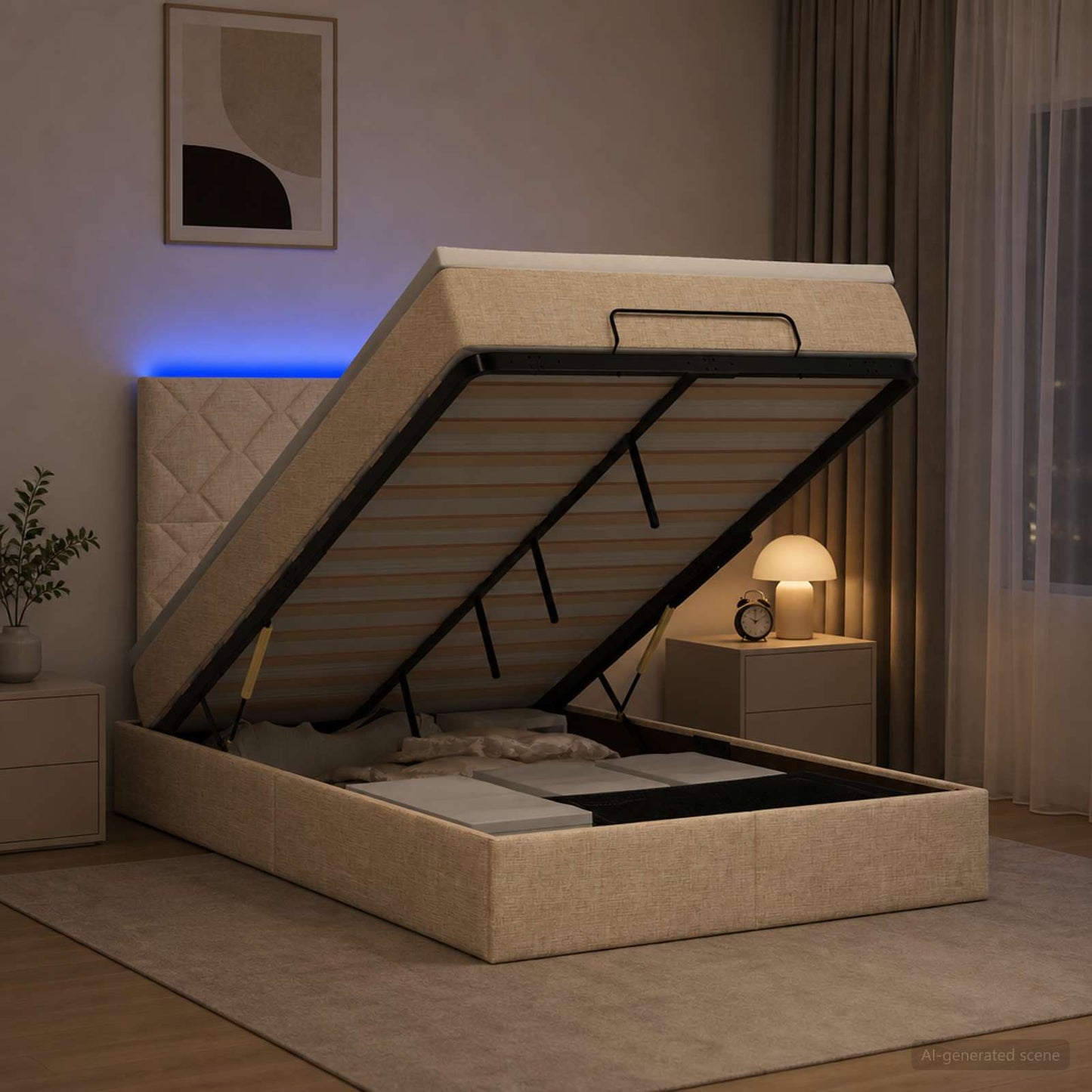 vidaXL Κρεβάτι Ottoman με Στρώμα και LED Κρεμ 120 x 190 cm Ύφασμα