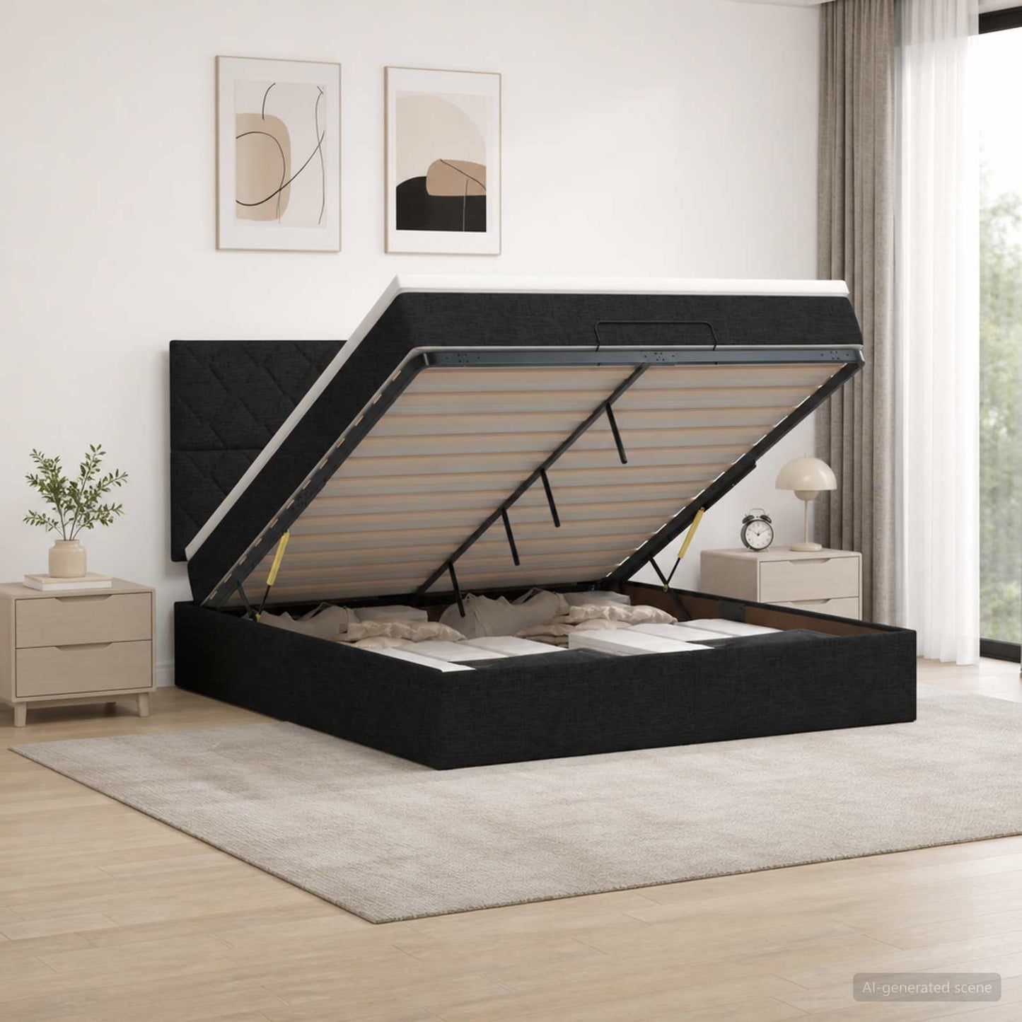 vidaXL Κρεβάτι Ottoman με Στρώμα και LED Μαύρο 140 x 200 cm Ύφασμα