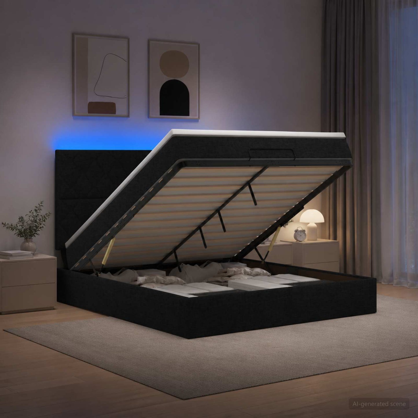 vidaXL Κρεβάτι Ottoman με Στρώμα και LED Μαύρο 140 x 200 cm Ύφασμα