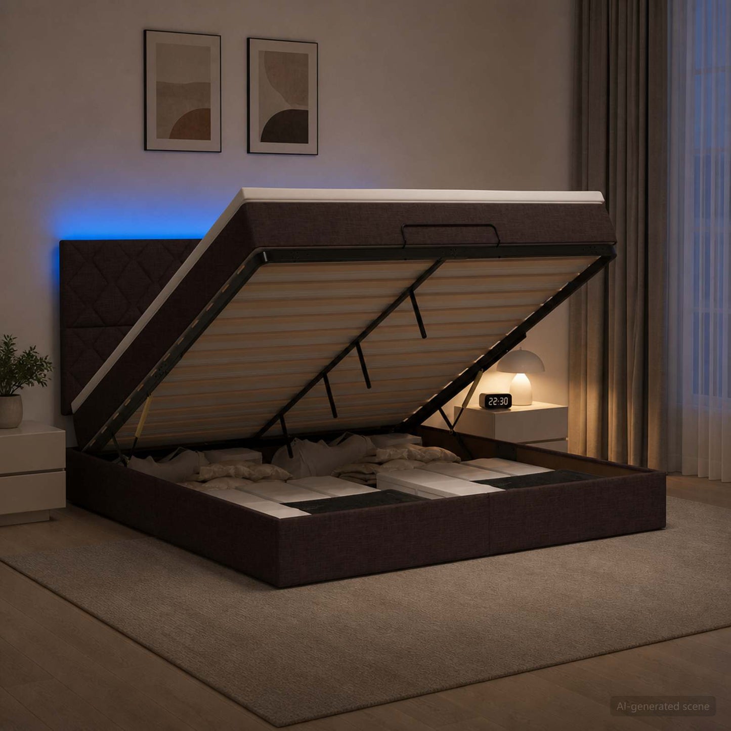 vidaXL Κρεβάτι Ottoman με Στρώμα και LED Σκούρο Καφέ 140 x 200 cm