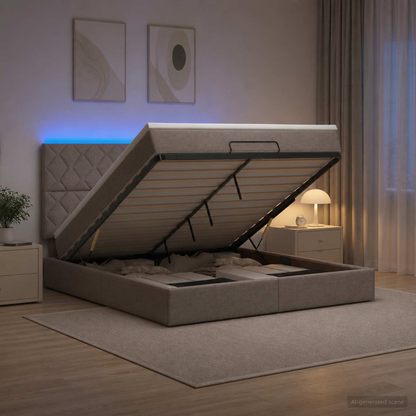 vidaXL Κρεβάτι Ottoman με Στρώμα και LED Taupe 140 x 200 cm Ύφασμα