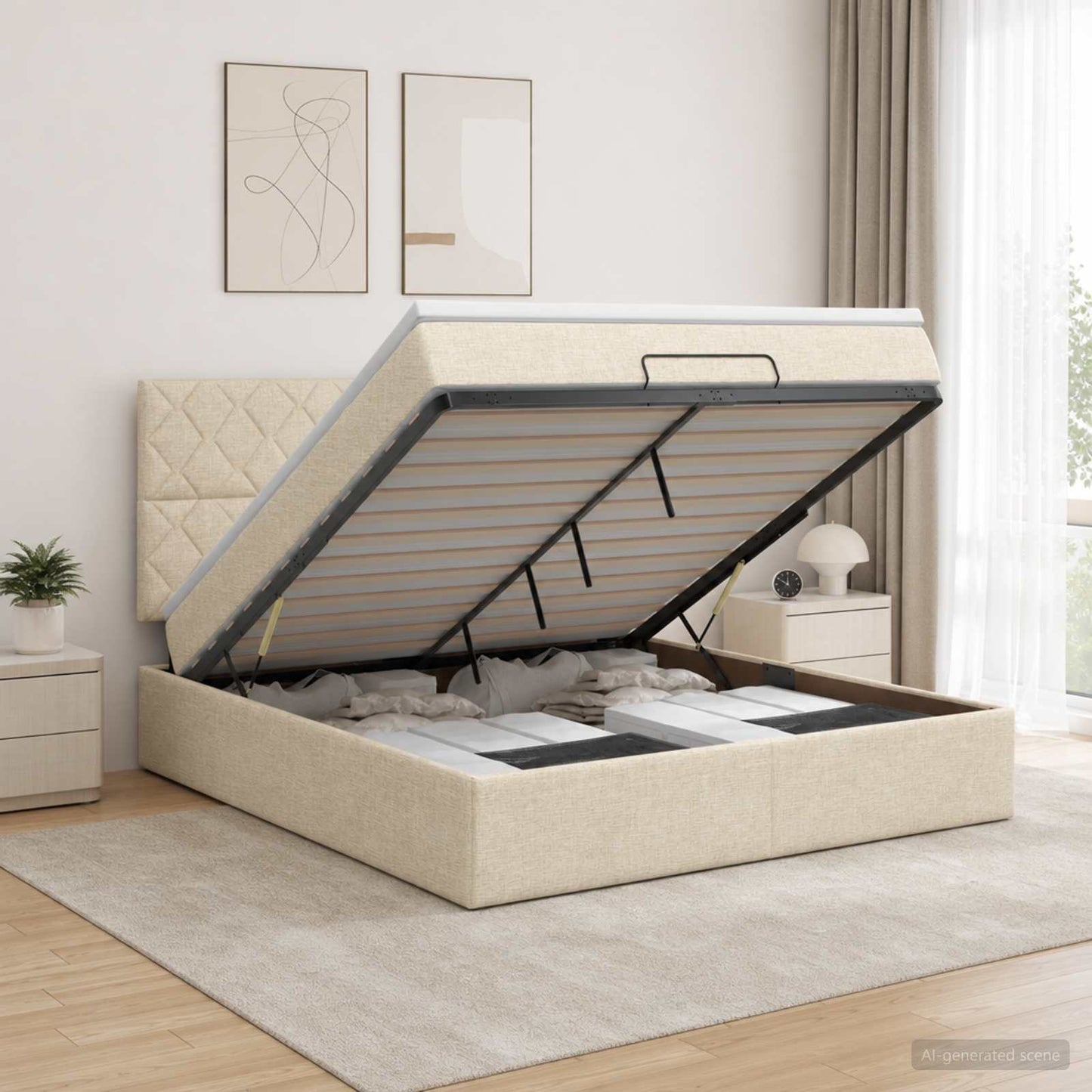vidaXL Κρεβάτι Ottoman με στρώμα με κεφαλάρι Κρεμ 180 x 200 cm Ύφασμα