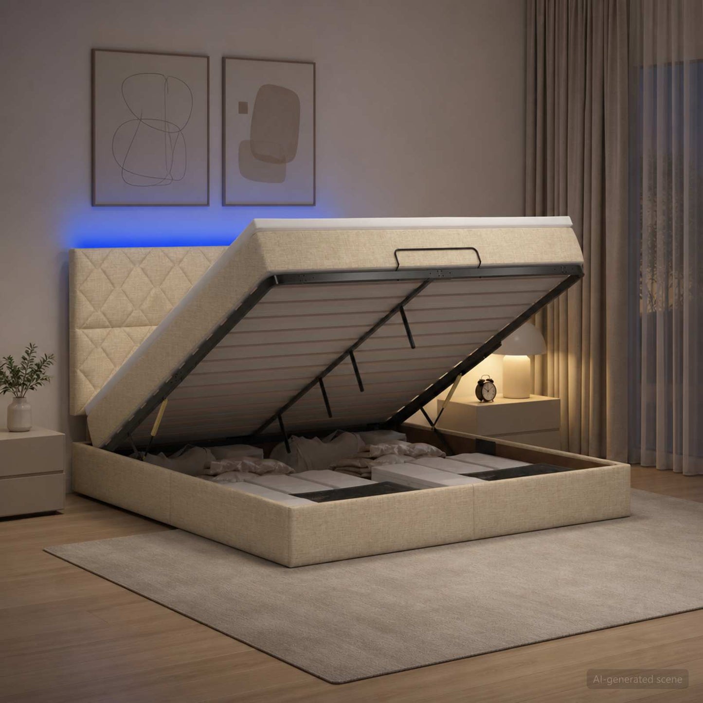 vidaXL Κρεβάτι Ottoman με Στρώμα και LED Κρεμ 180 x 200 cm Ύφασμα