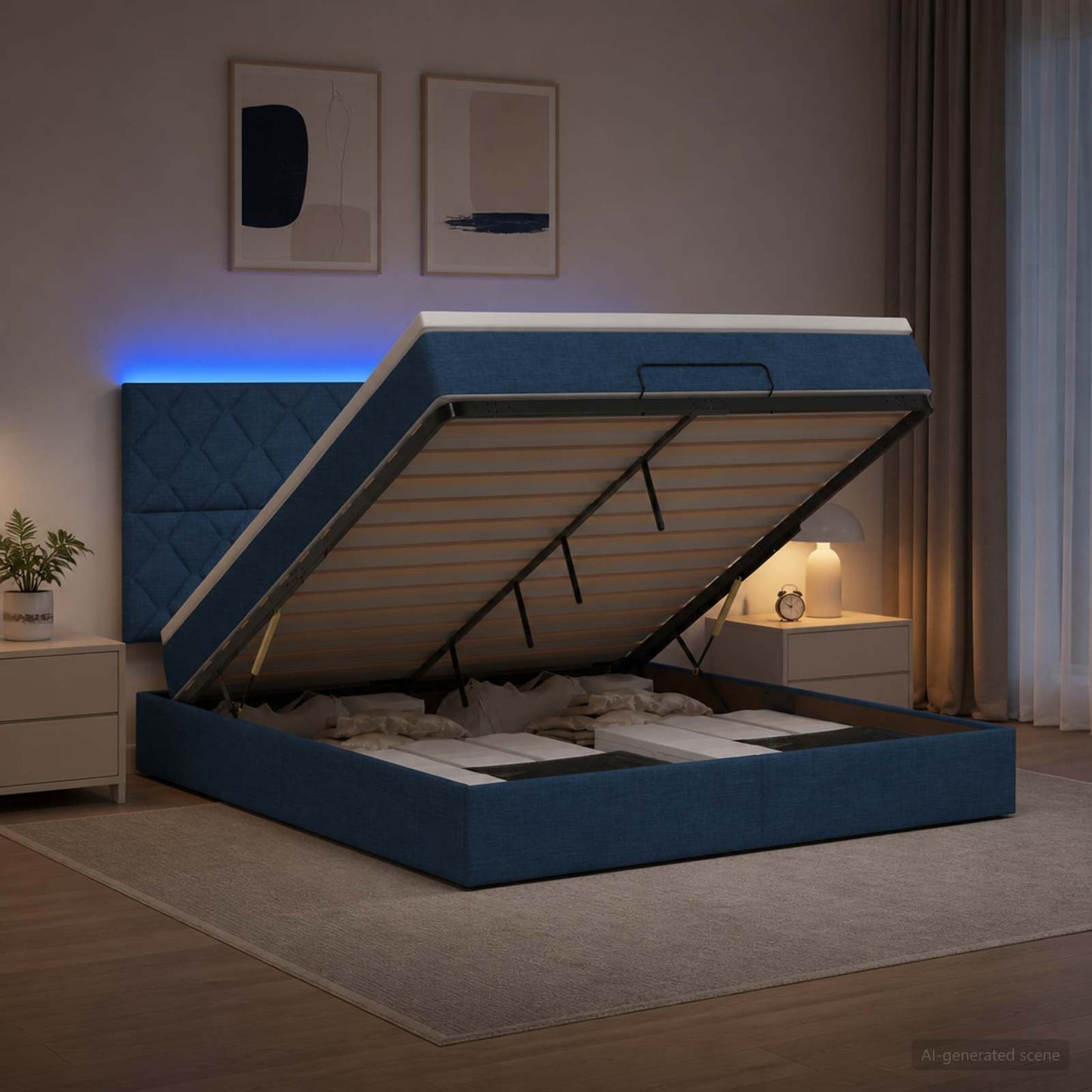vidaXL Κρεβάτι Ottoman με Στρώμα και LED Μπλε 140 x 190 cm Ύφασμα