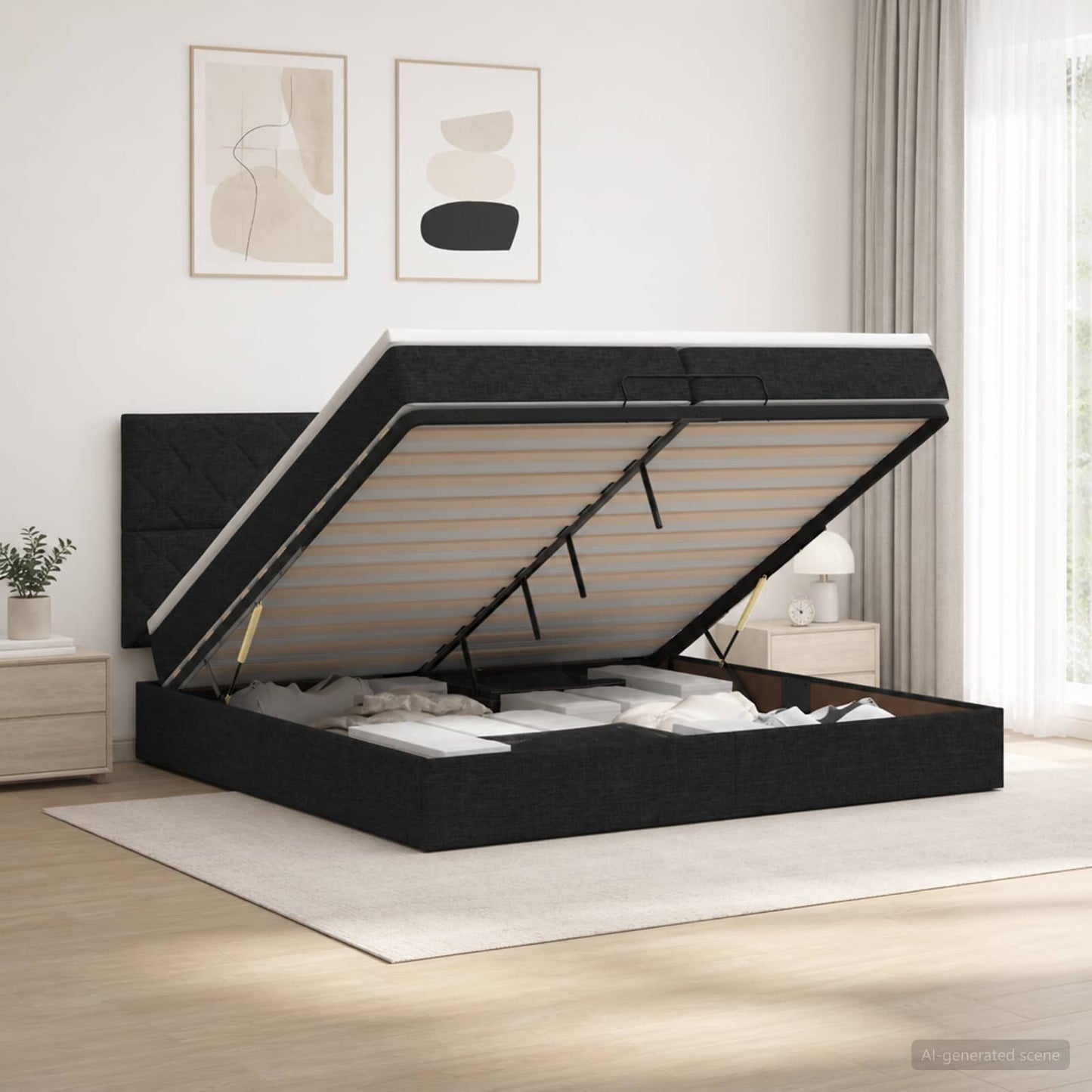 vidaXL Κρεβάτι Ottoman με στρώμα με κεφαλάρι Μαύρο 200 x 200 cm Ύφασμα