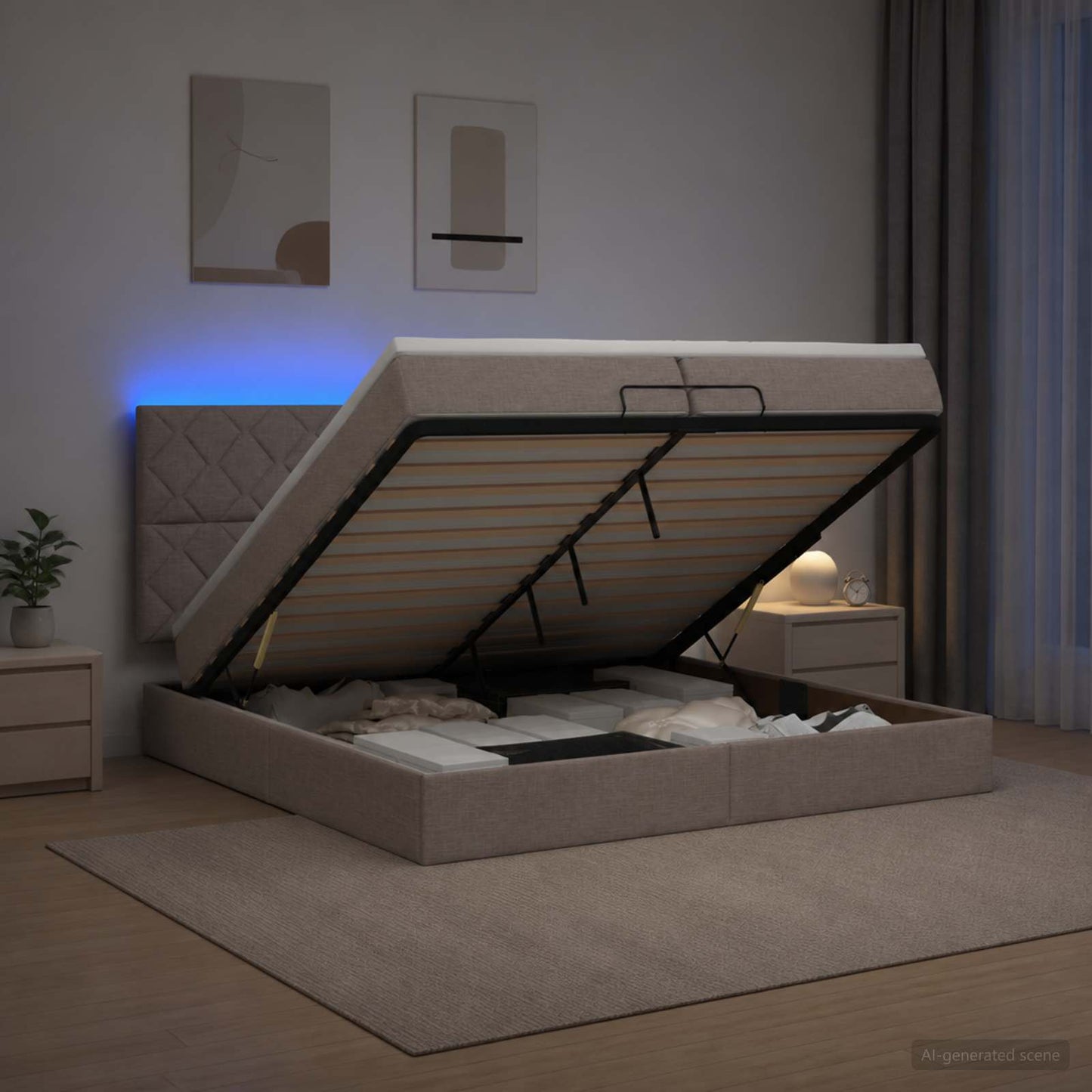 vidaXL Κρεβάτι Ottoman με Στρώμα και LED Taupe 200 x 200 cm Ύφασμα