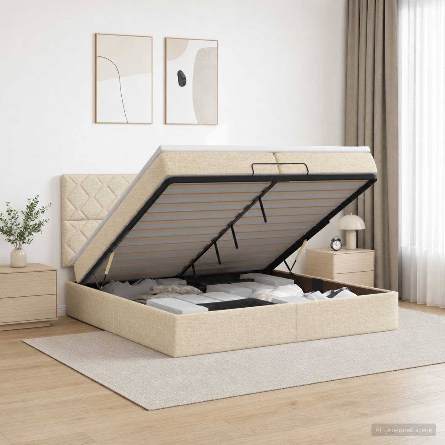 vidaXL Κρεβάτι Ottoman με στρώμα με κεφαλάρι Κρεμ 200 x 200 cm Ύφασμα
