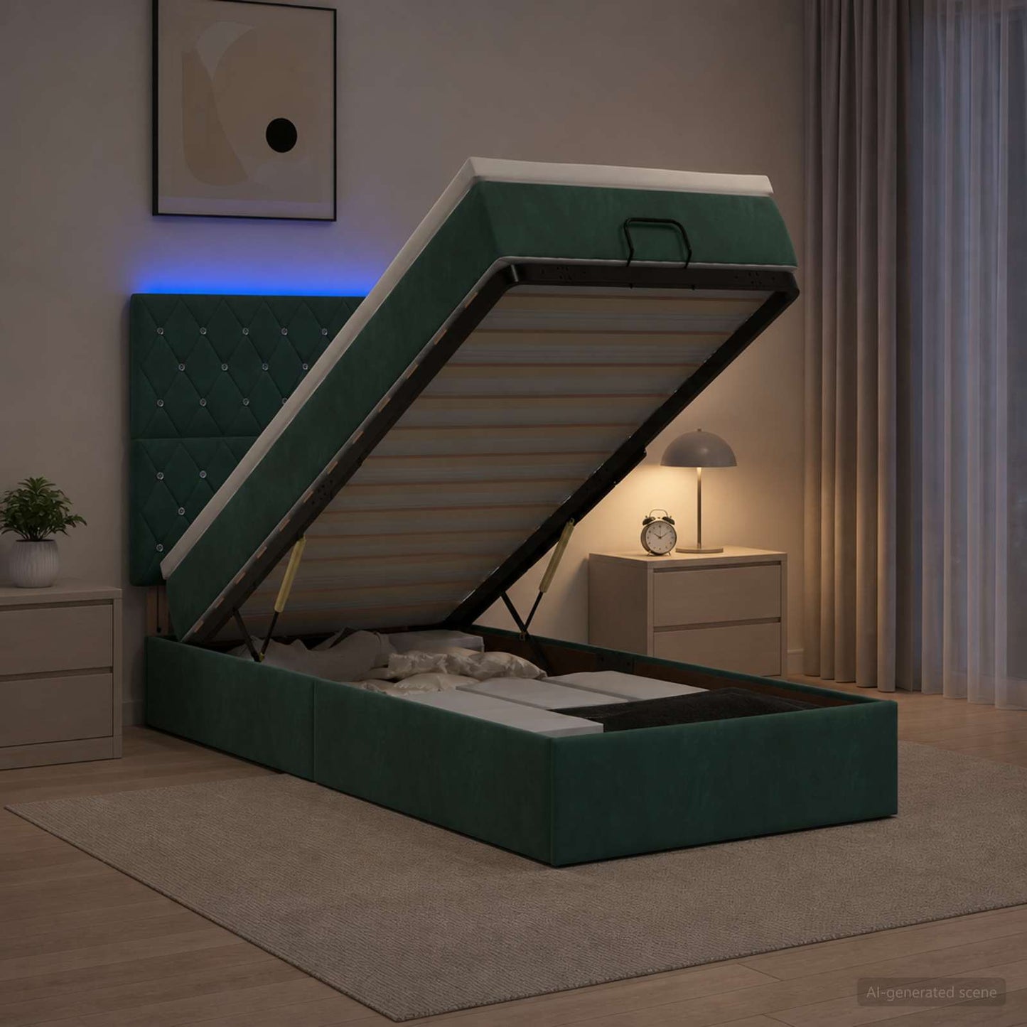 vidaXL Κρεβάτι Ottoman με Στρώμα και LED Σκούρο Πράσινο 100 x 200 cm