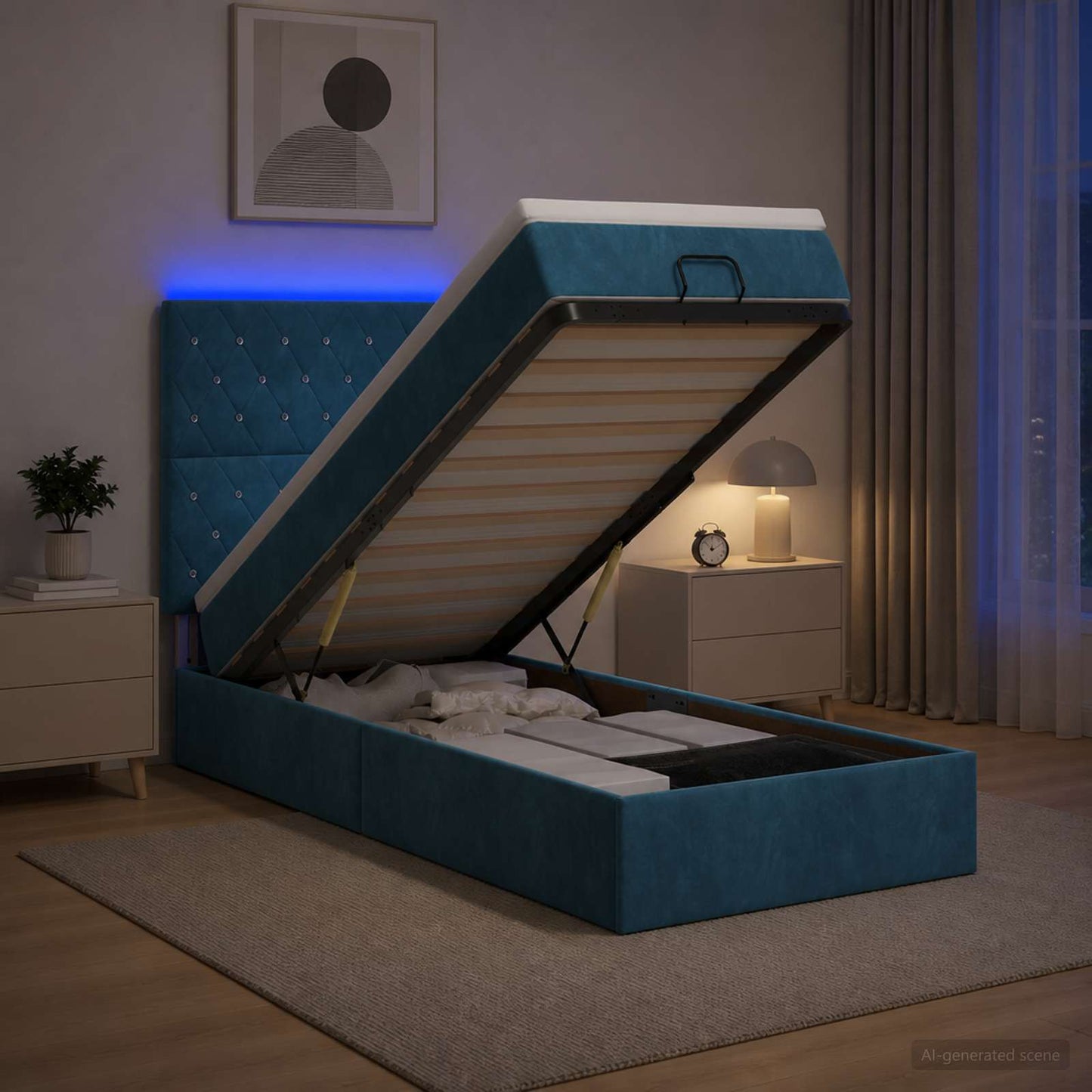 vidaXL Κρεβάτι Ottoman με Στρώμα και LED Σκούρο Μπλε 90 x 200 cm