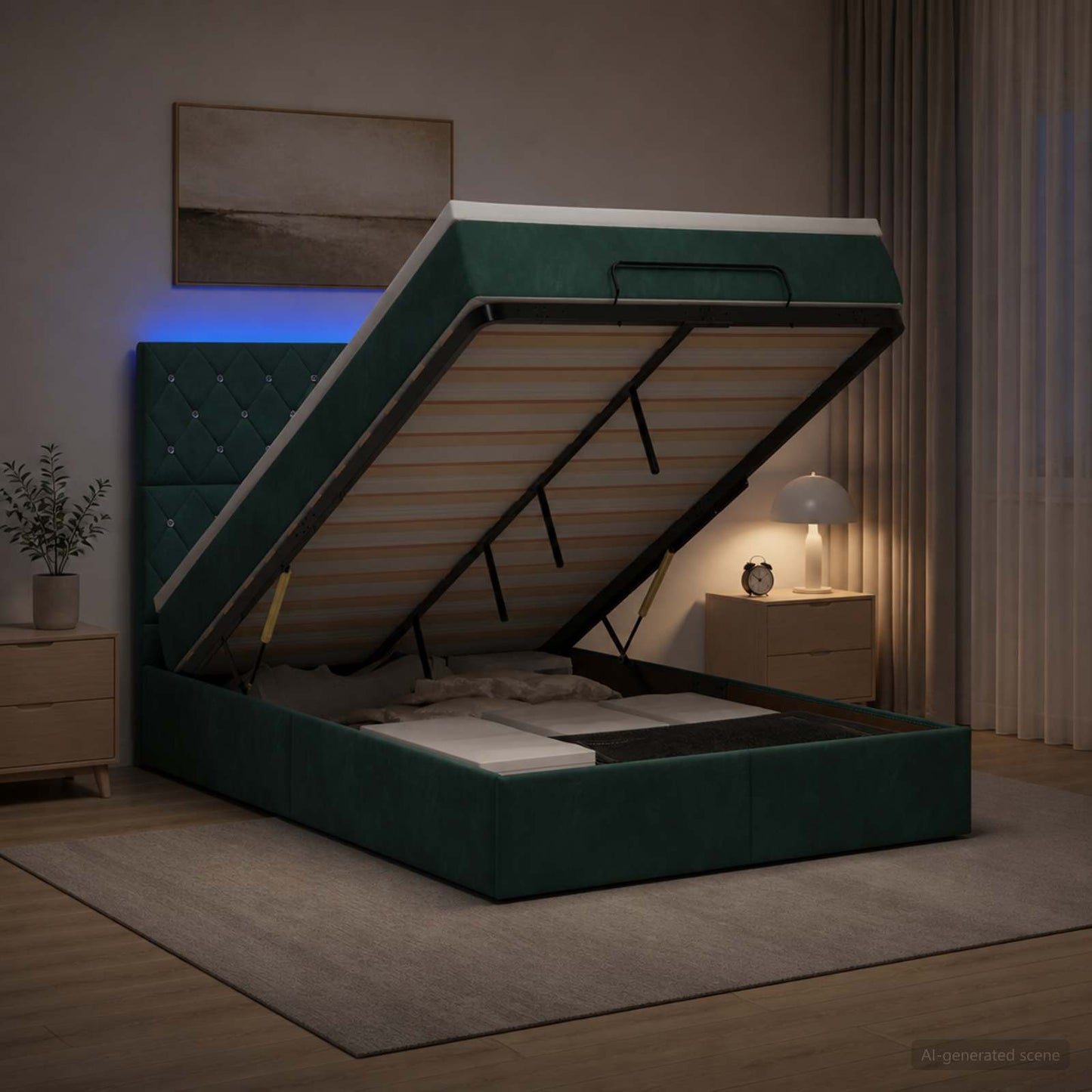vidaXL Κρεβάτι Ottoman με Στρώμα και LED Σκούρο Πράσινο 120 x 200 cm