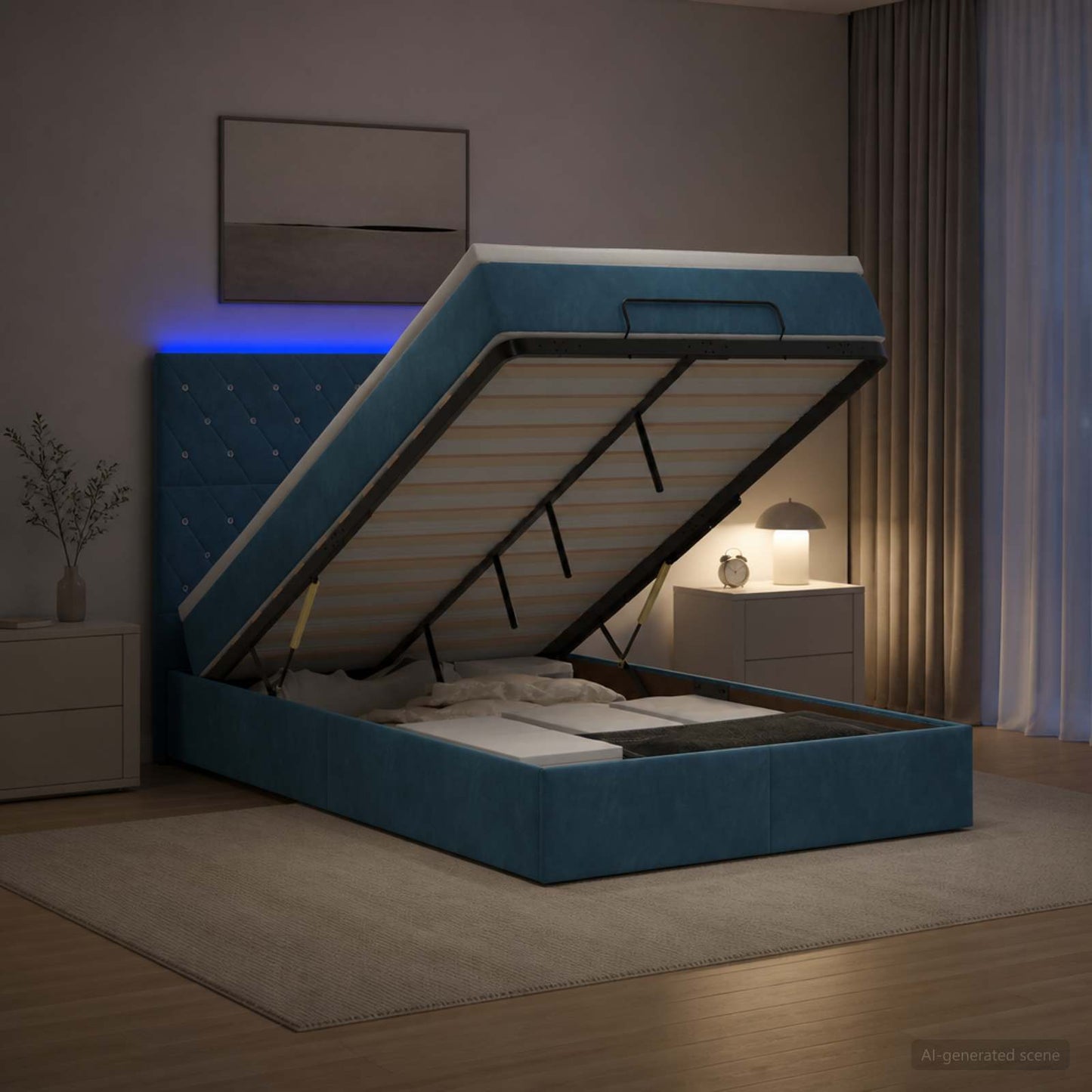 vidaXL Κρεβάτι Ottoman με Στρώμα και LED Σκούρο Μπλε 120 x 200 cm