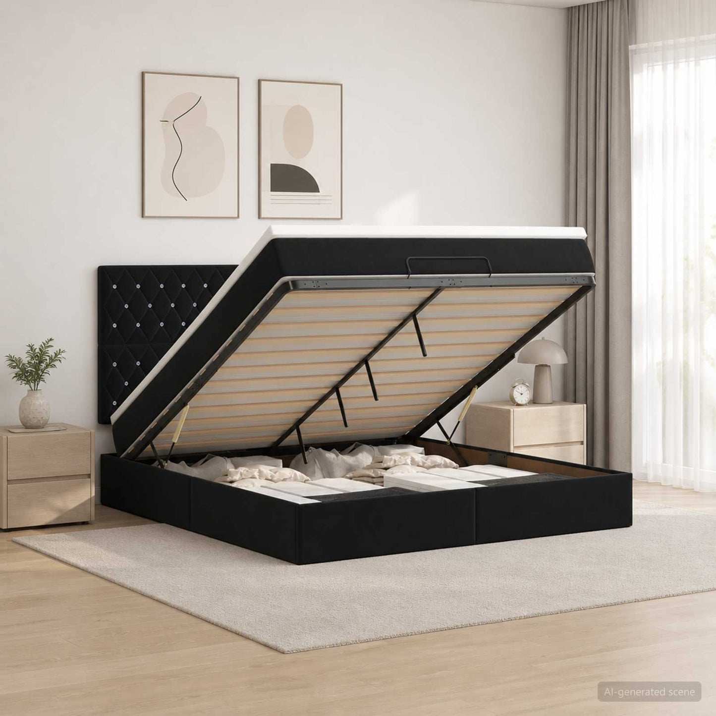 vidaXL Κρεβάτι Ottoman με Στρώμα και LED Μαύρο 140 x 190 cm Βελούδο
