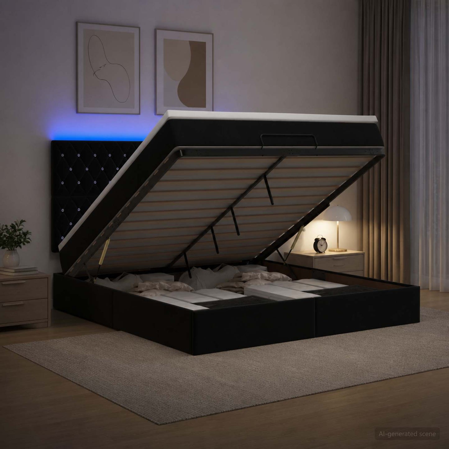 vidaXL Κρεβάτι Ottoman με Στρώμα και LED Μαύρο 140 x 190 cm Βελούδο
