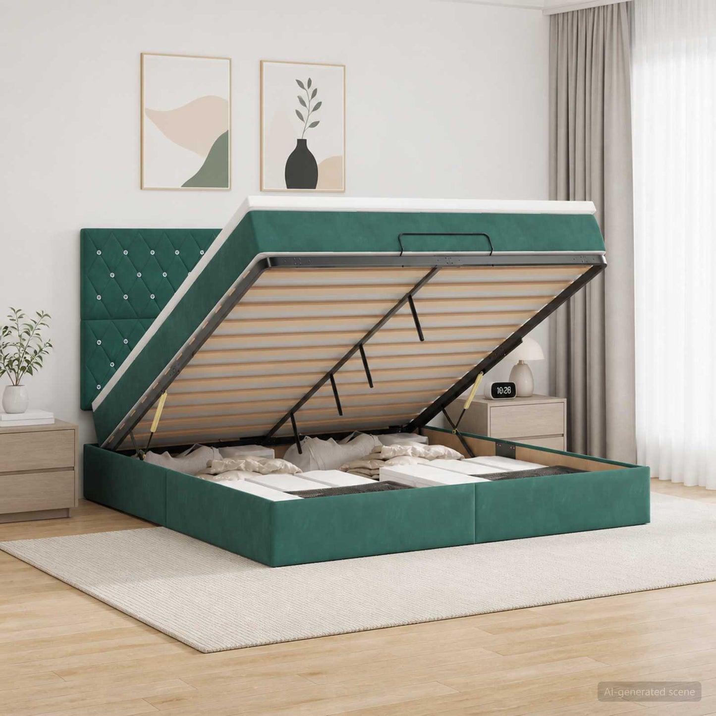 vidaXL Κρεβάτι Ottoman με Στρώμα και LED Σκούρο Πράσινο 140 x 200 cm