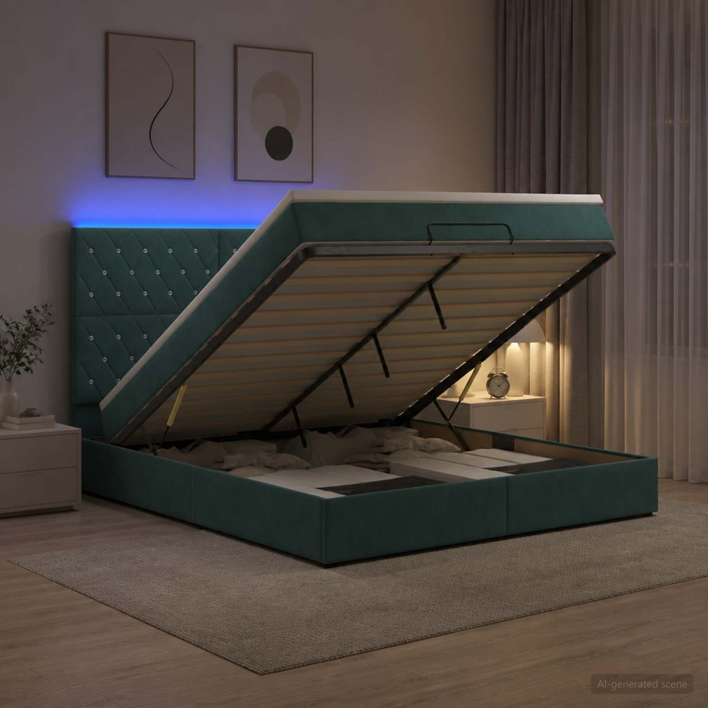 vidaXL Κρεβάτι Ottoman με Στρώμα και LED Σκούρο Πράσινο 180 x 200 cm
