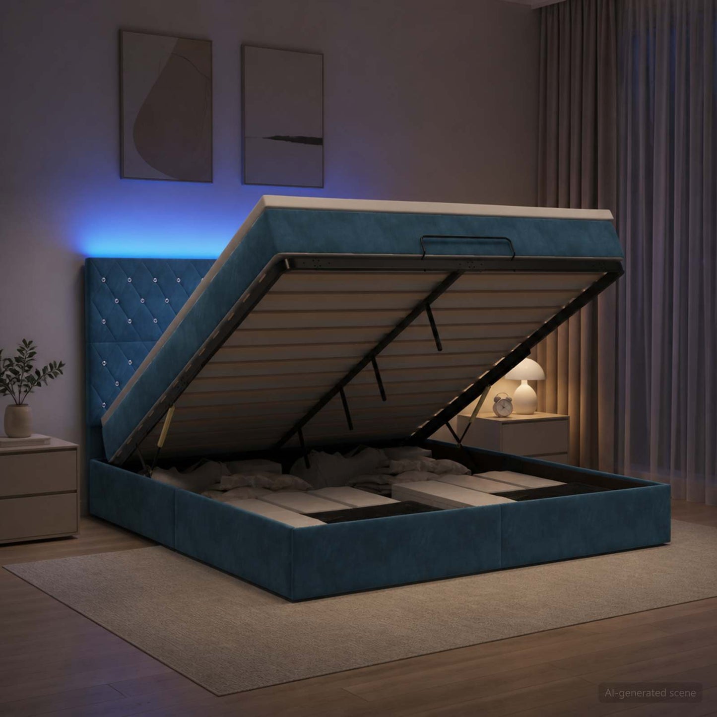 vidaXL Κρεβάτι Ottoman με Στρώμα και LED Σκούρο Μπλε 160 x 200 cm