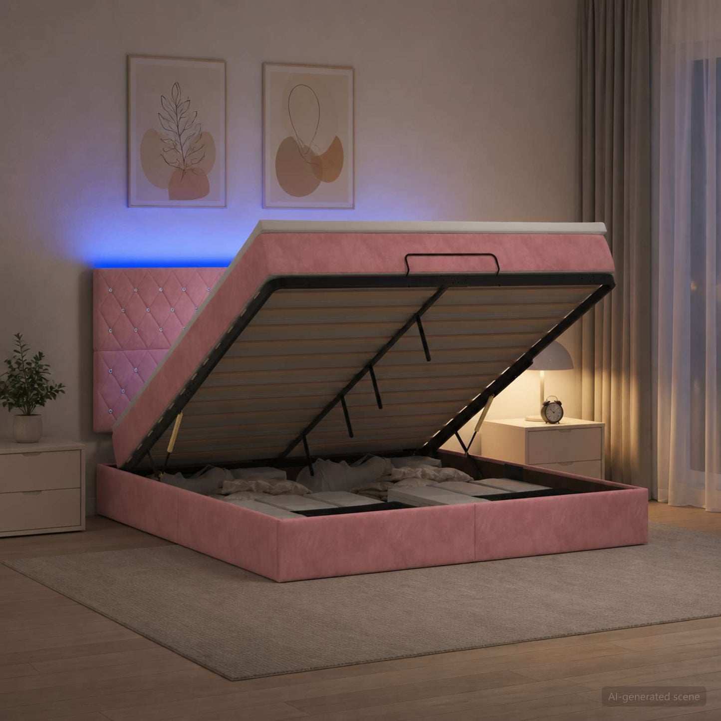 vidaXL Κρεβάτι Ottoman με Στρώμα και LED Ροζ 180 x 200 cm Βελούδο