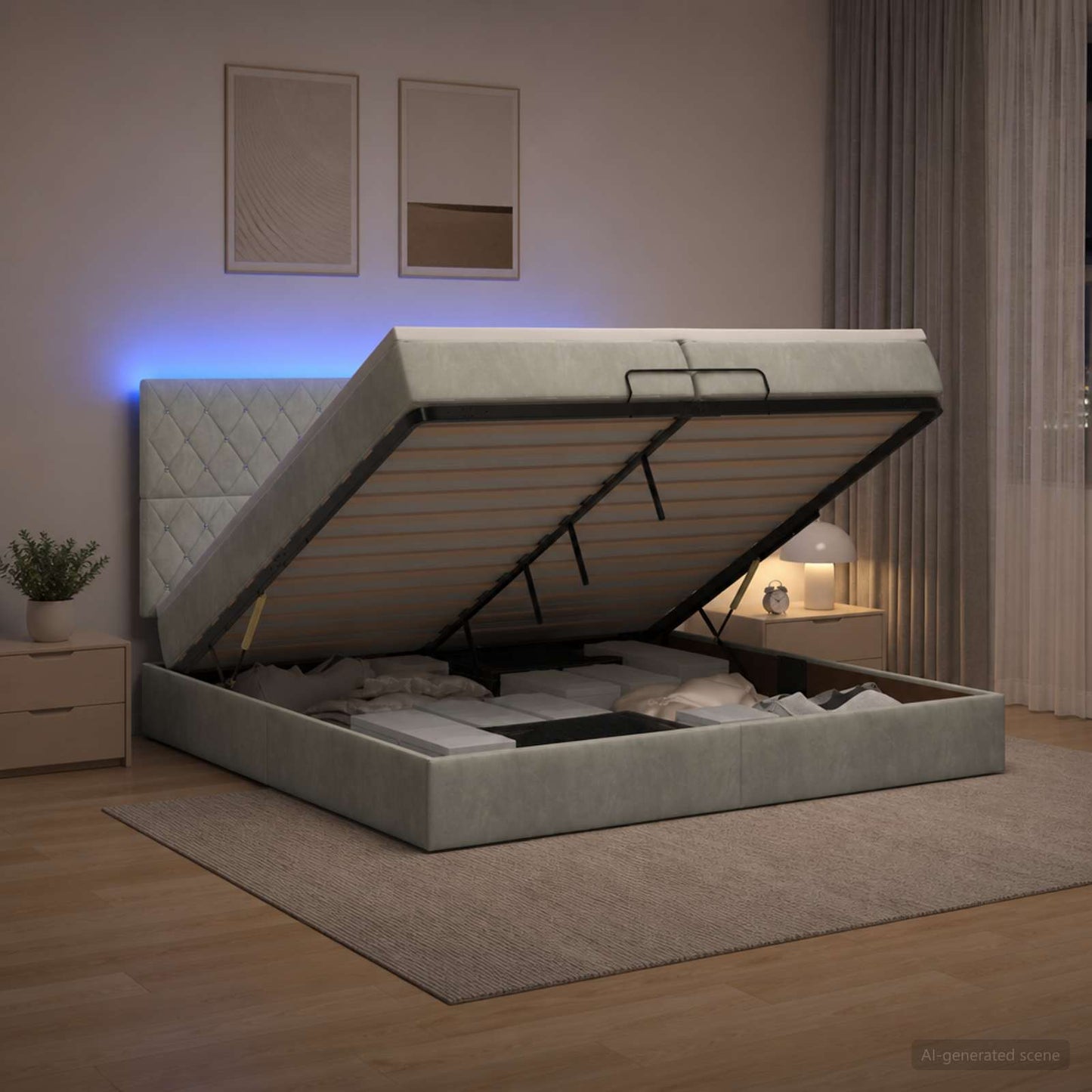 vidaXL Κρεβάτι Ottoman με Στρώμα και LED Ανοιχτό γκρι 200 x 200 cm