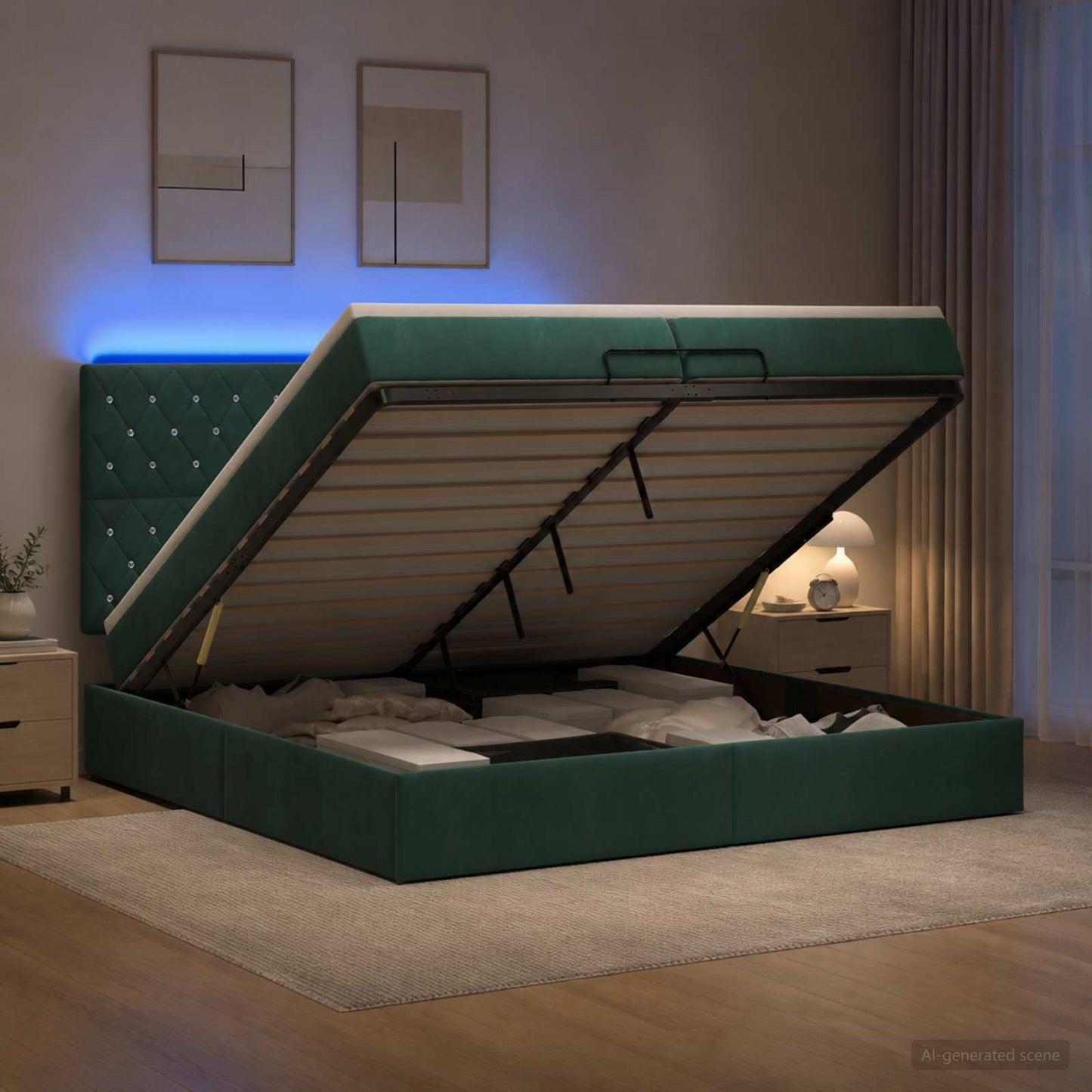 vidaXL Κρεβάτι Ottoman με Στρώμα και LED Σκούρο Πράσινο 200 x 200 cm
