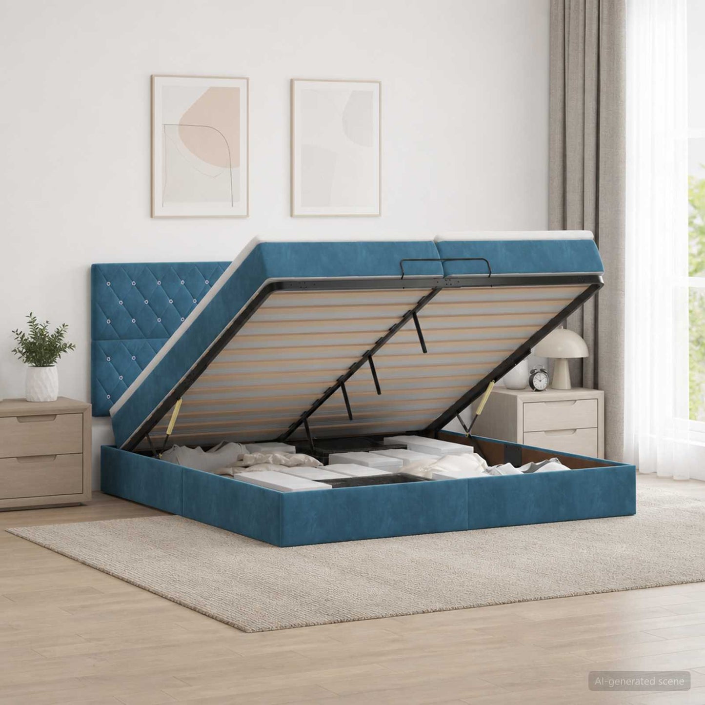 vidaXL Κρεβάτι Ottoman με Στρώμα και LED Σκούρο Μπλε 200 x 200 cm