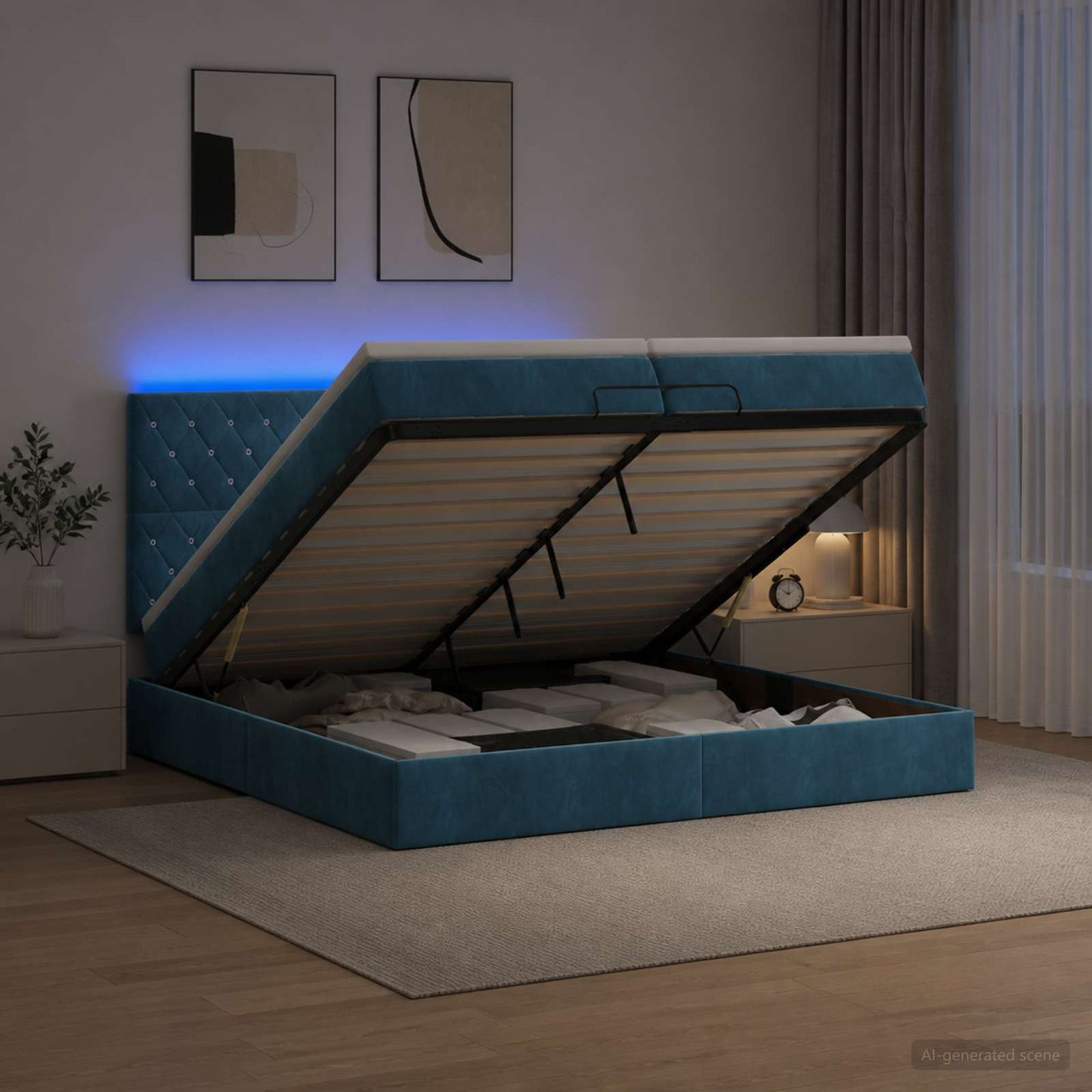 vidaXL Κρεβάτι Ottoman με Στρώμα και LED Σκούρο Μπλε 200 x 200 cm