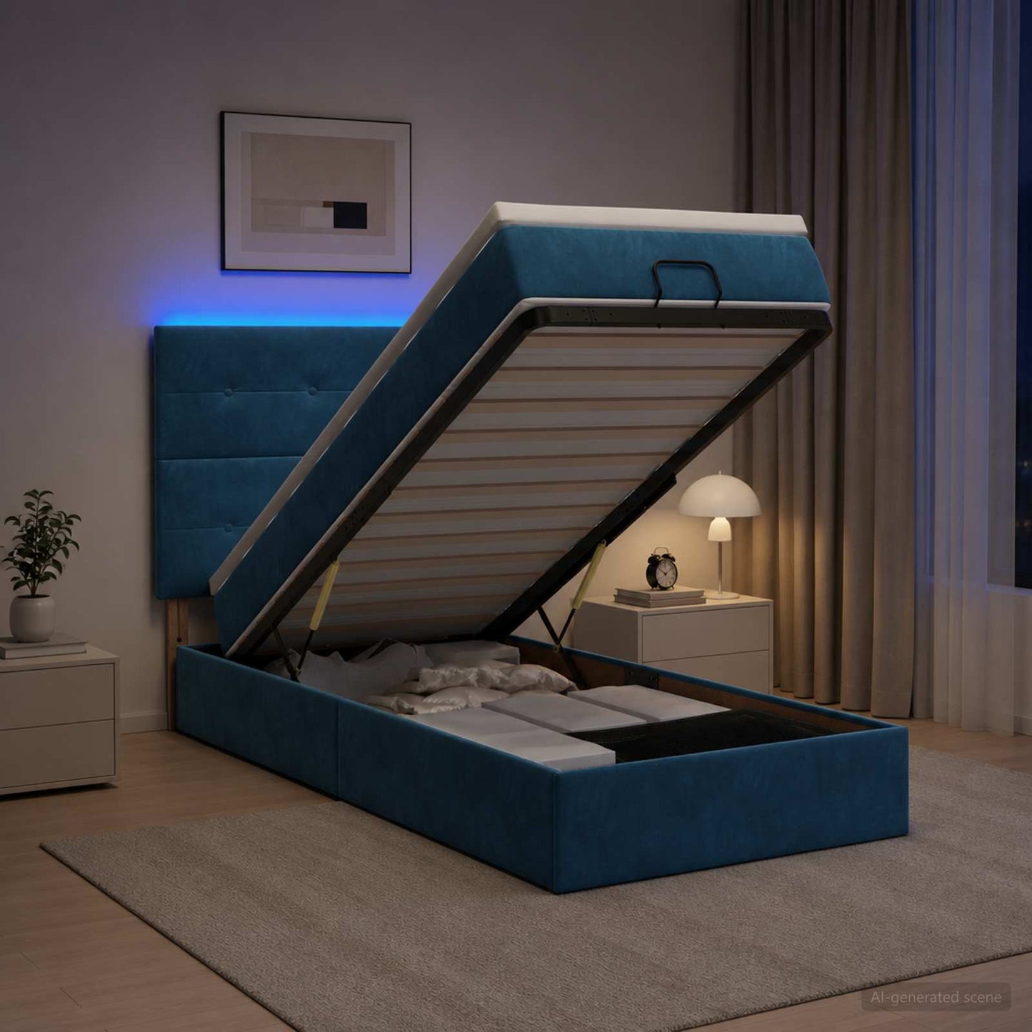 vidaXL Κρεβάτι Ottoman με Στρώμα και LED Σκούρο Μπλε 90 x 190 cm