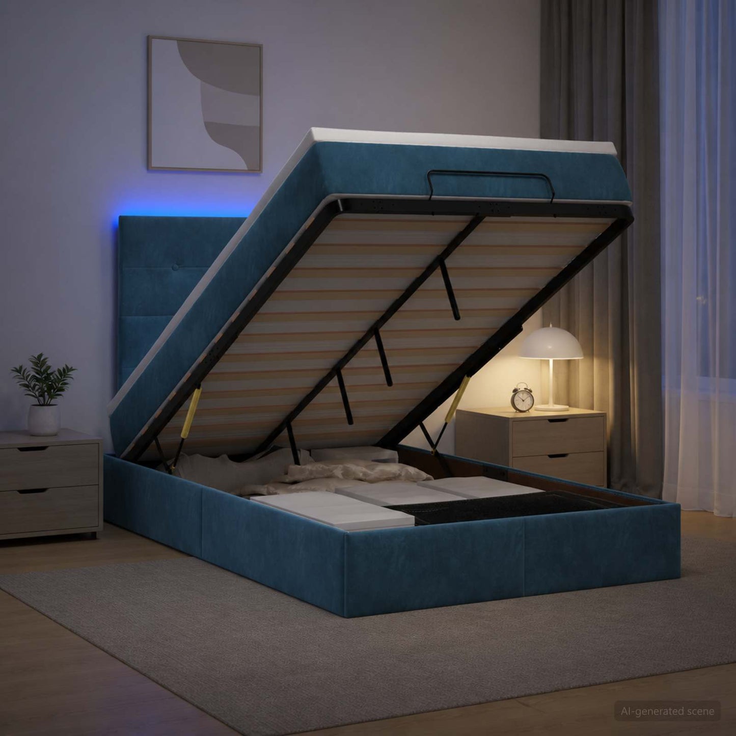 vidaXL Κρεβάτι Ottoman με Στρώμα και LED Σκούρο Μπλε 120 x 200 cm