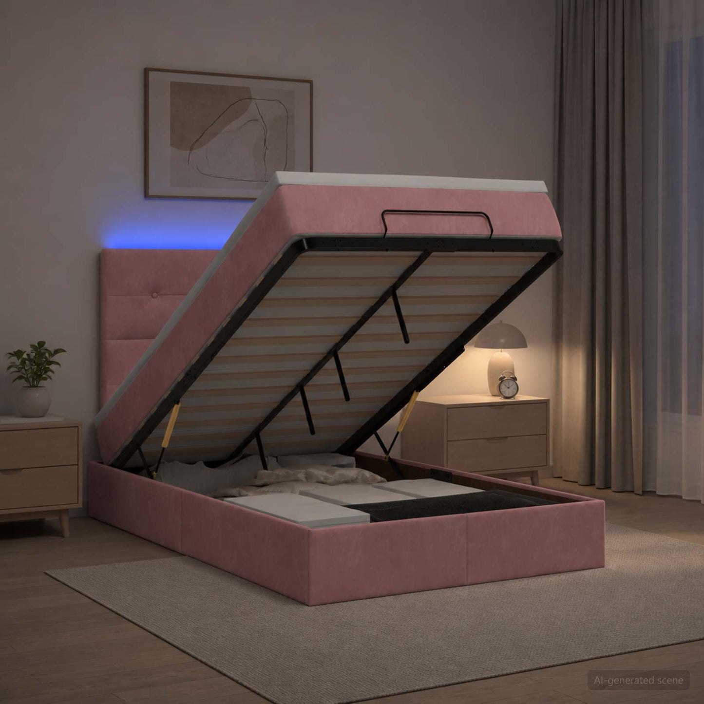 vidaXL Κρεβάτι Ottoman με Στρώμα και LED Ροζ 120 x 200 cm Βελούδο