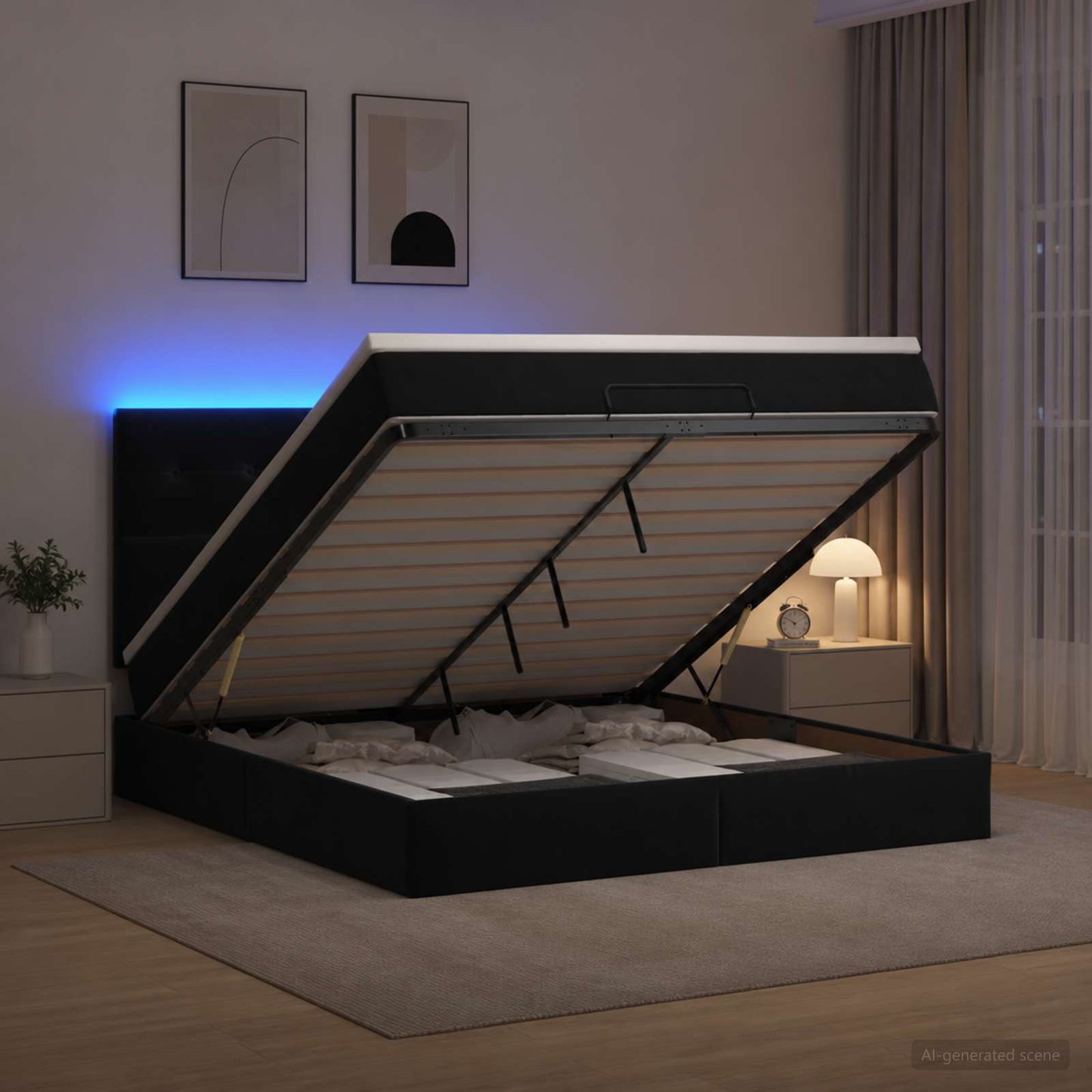vidaXL Κρεβάτι Ottoman με Στρώμα και LED Μαύρο 160 x 200 cm Βελούδο