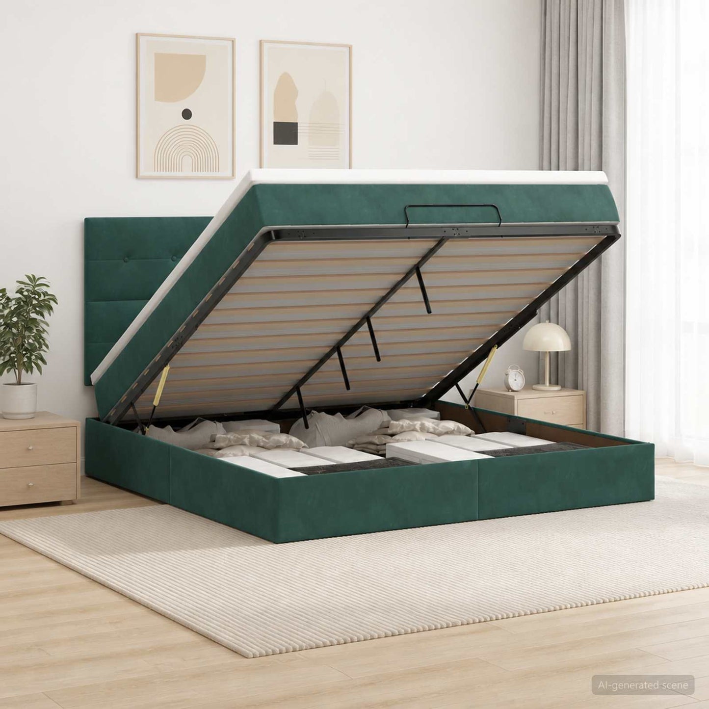 vidaXL Κρεβάτι Ottoman με Στρώμα και LED Σκούρο Πράσινο 160 x 200 cm