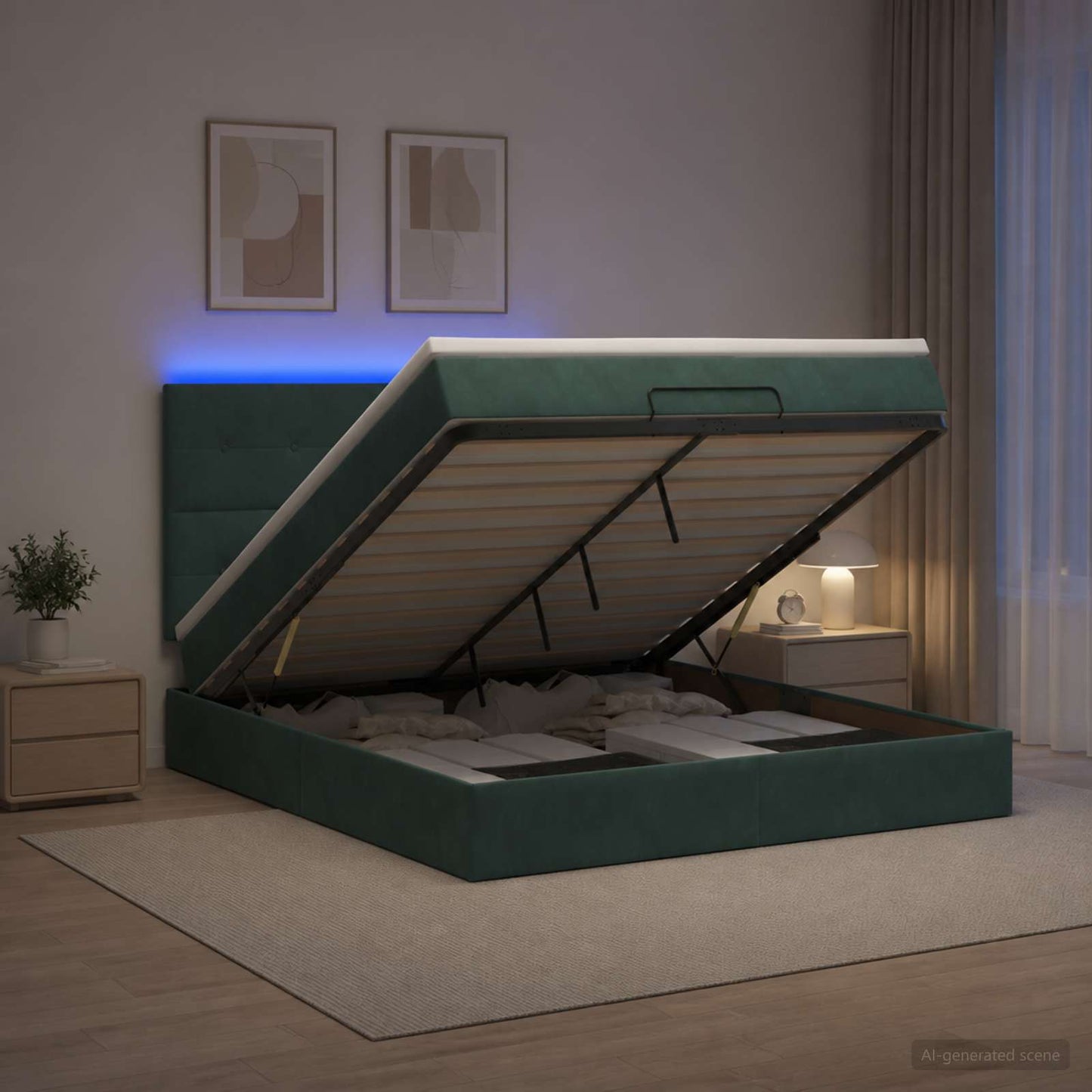 vidaXL Κρεβάτι Ottoman με Στρώμα και LED Σκούρο Πράσινο 160 x 200 cm