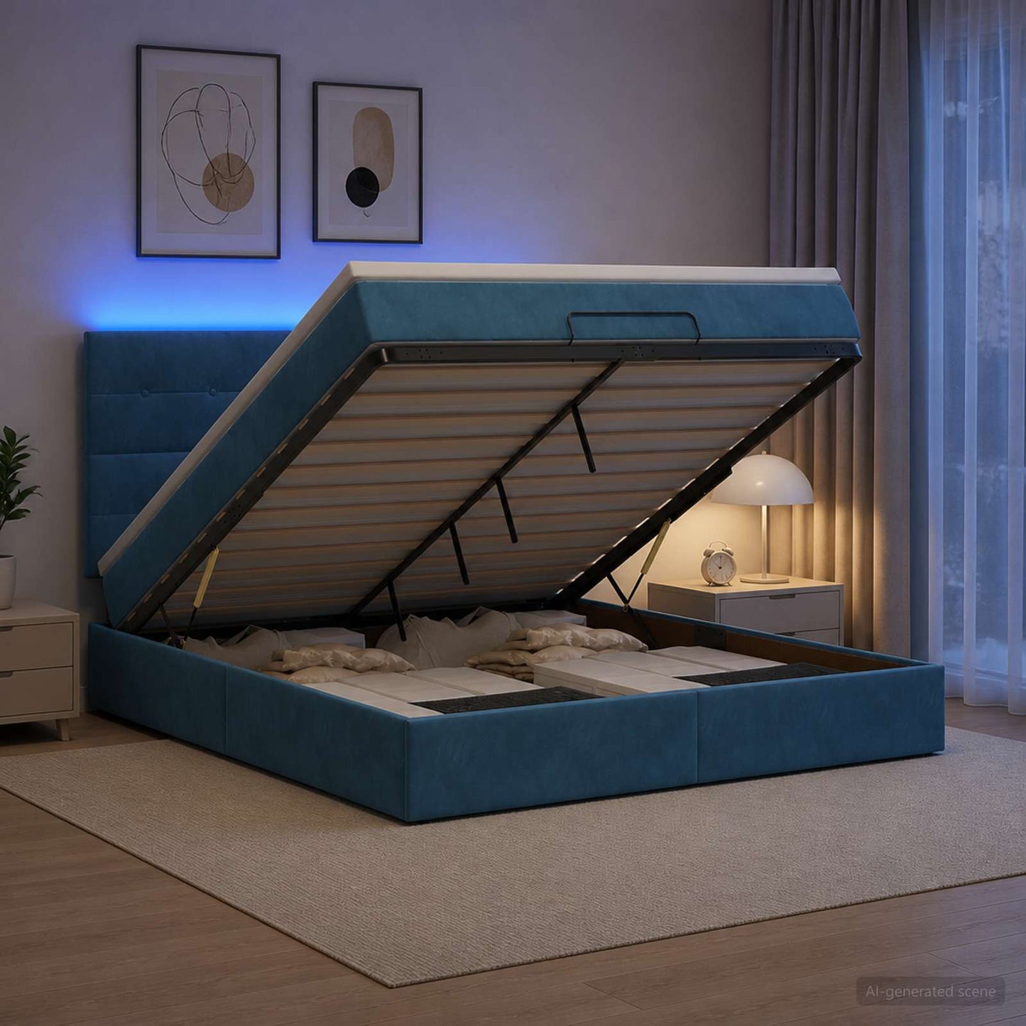 vidaXL Κρεβάτι Ottoman με Στρώμα και LED Σκούρο Μπλε 180 x 200 cm