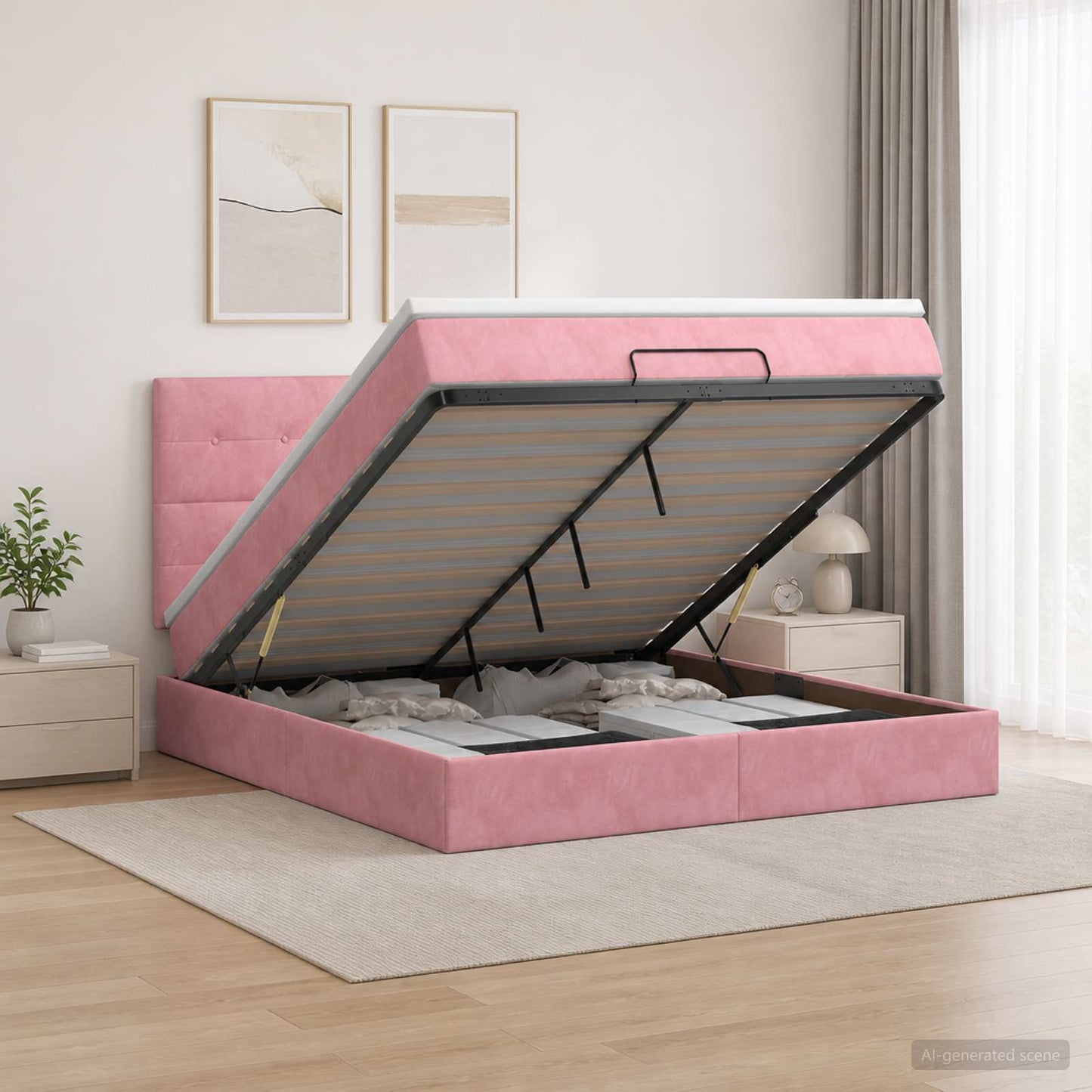 vidaXL Κρεβάτι Ottoman με Στρώμα και LED Ροζ 140 x 190 cm Βελούδο