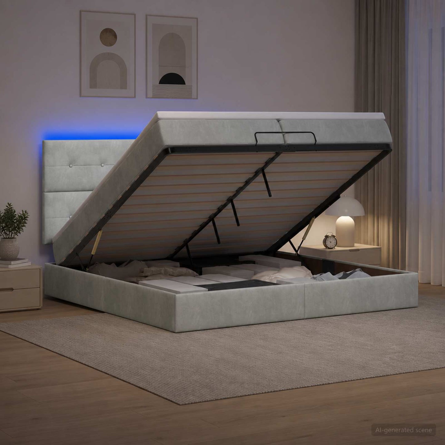 vidaXL Κρεβάτι Ottoman με Στρώμα και LED Ανοιχτό γκρι 200 x 200 cm