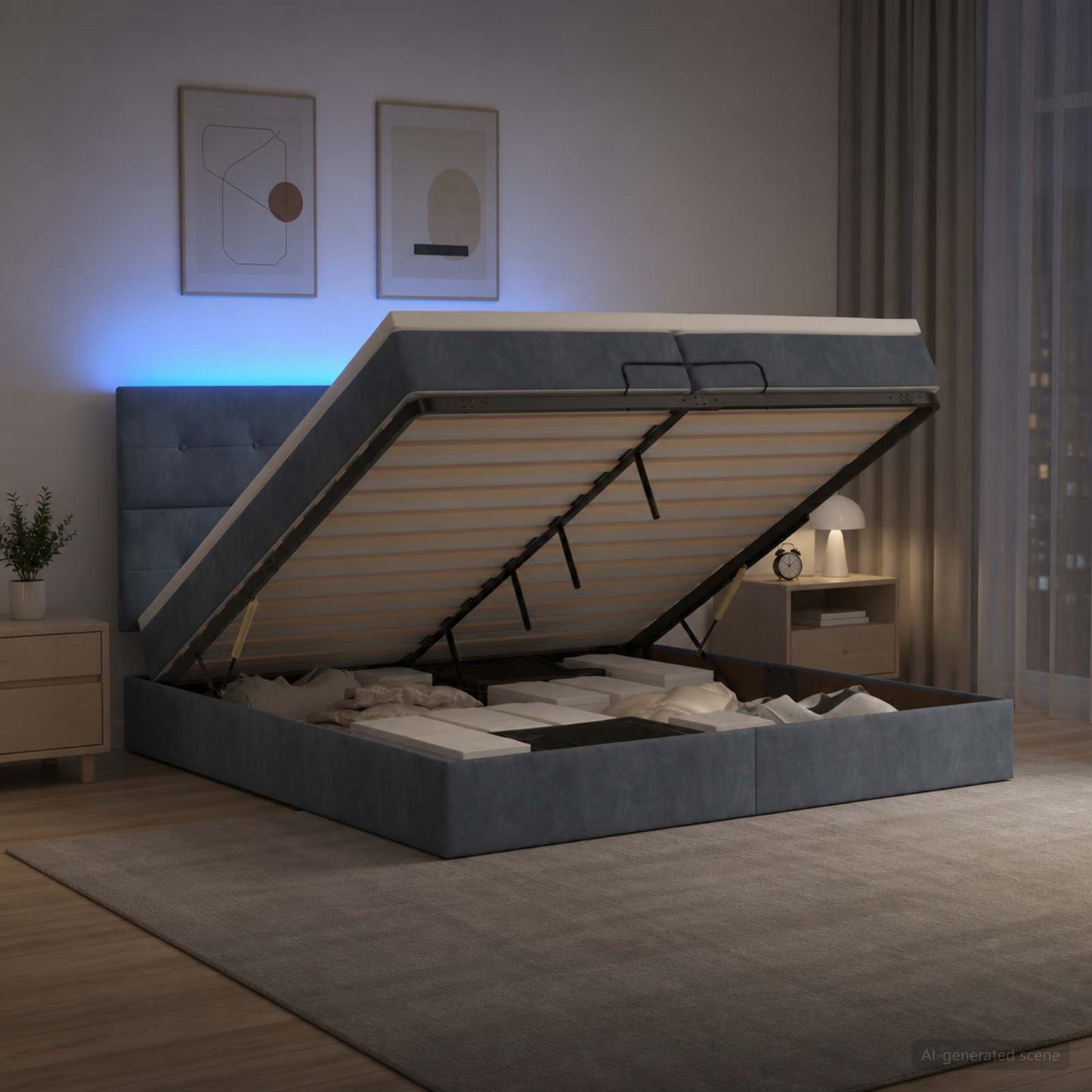vidaXL Κρεβάτι Ottoman με Στρώμα και LED Σκούρο Γκρι 200 x 200 cm
