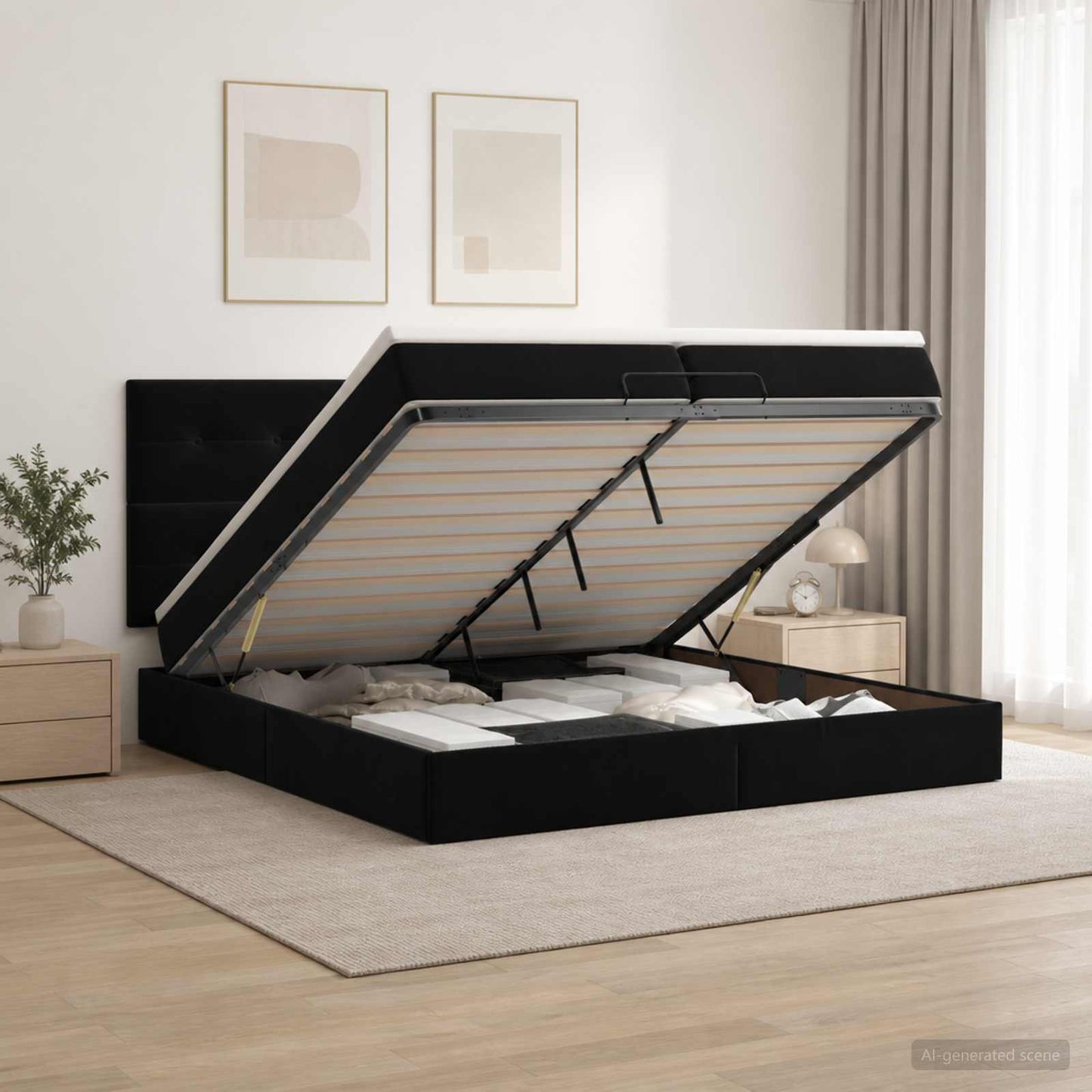 vidaXL Κρεβάτι Ottoman με Στρώμα και LED Μαύρο 200 x 200 cm Βελούδο