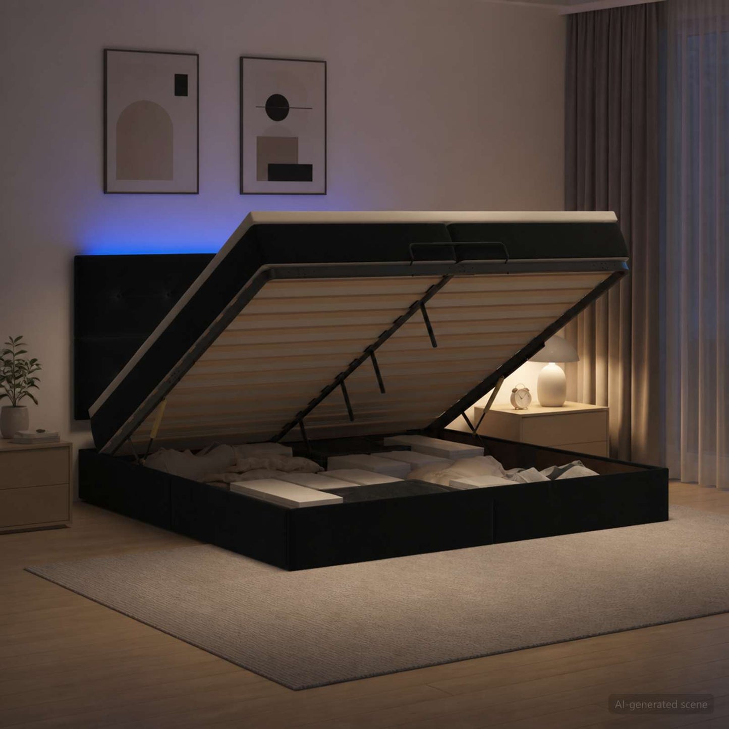 vidaXL Κρεβάτι Ottoman με Στρώμα και LED Μαύρο 200 x 200 cm Βελούδο